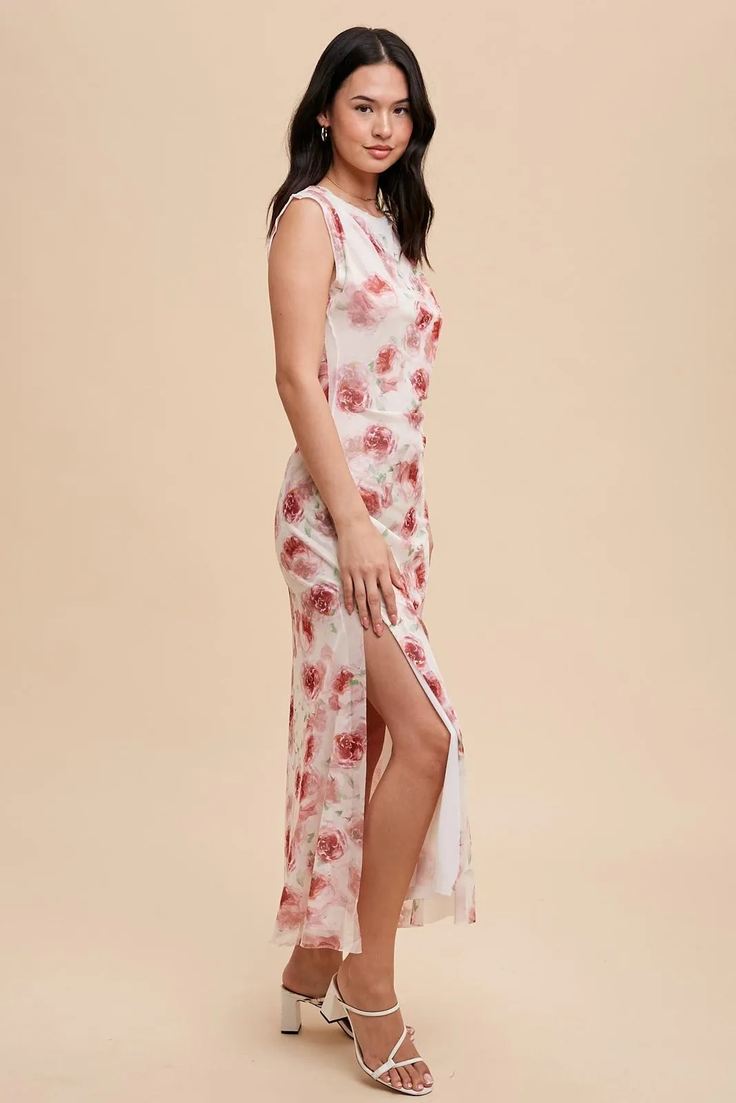 Cream Rose Print Ruched Mesh Dress sold by Pinkblush product image thumbnail 3
