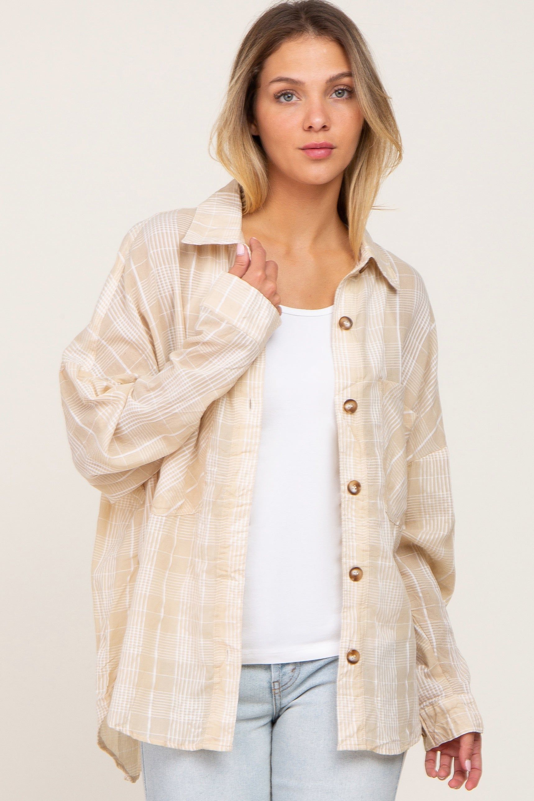 Taupe Plaid Front Pocket Maternity Button Up Top sold by Pinkblush product image thumbnail 5