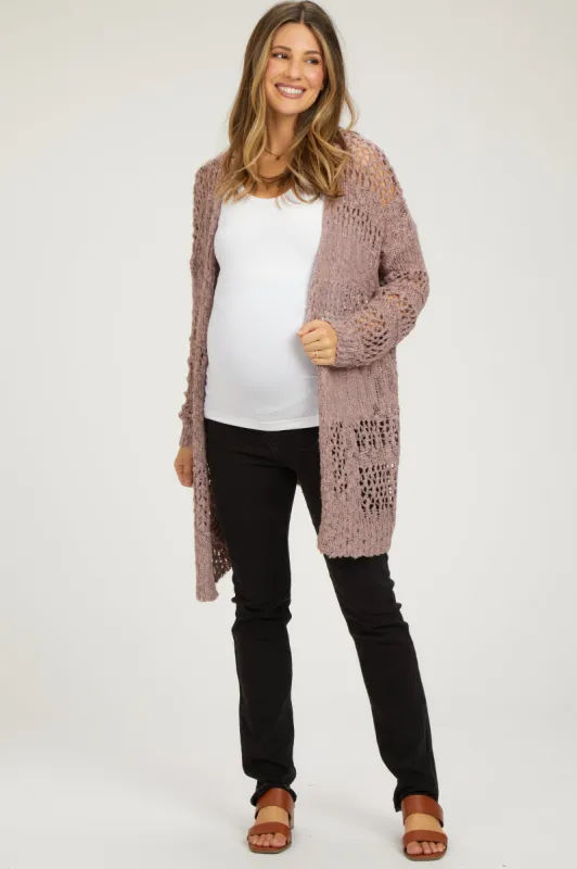 Mauve Open Knit Long Maternity Cardigan sold by Pinkblush