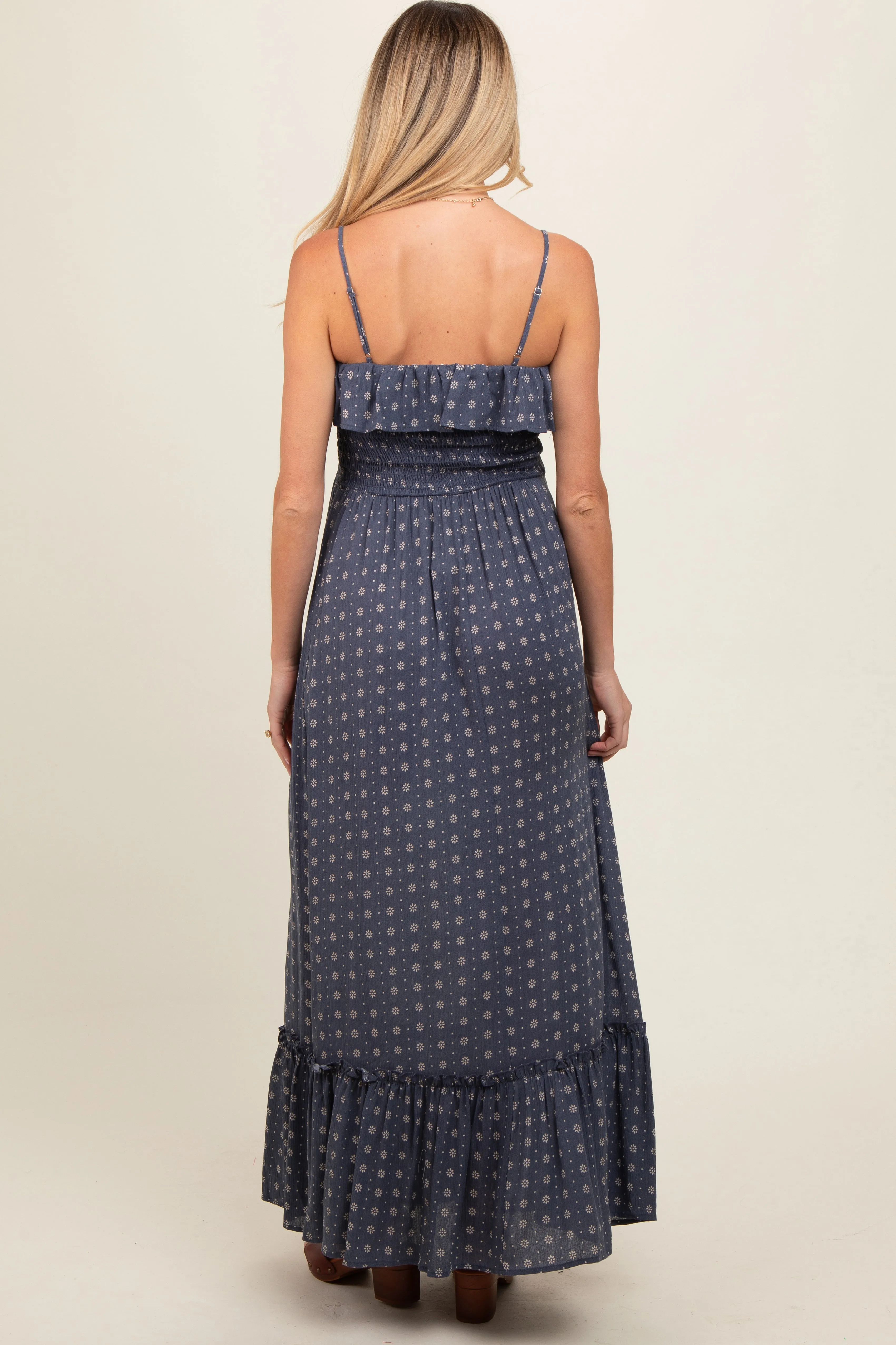 Navy Smocked Sleeveless Floral Maternity Maxi Dress sold by Pinkblush product image thumbnail 4