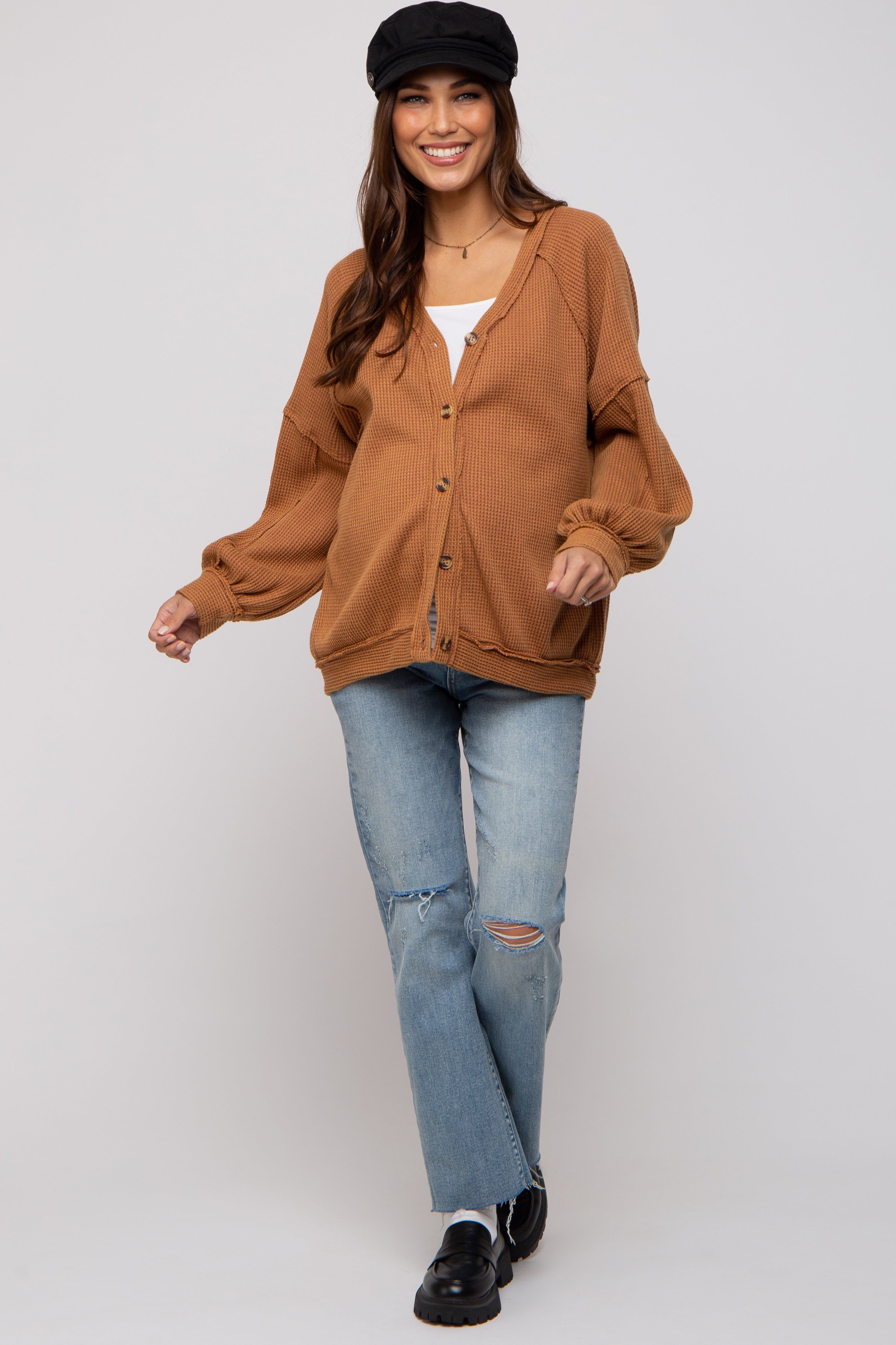 Camel Waffle Knit Button Long Sleeve Maternity Top sold by Pinkblush product image thumbnail 4