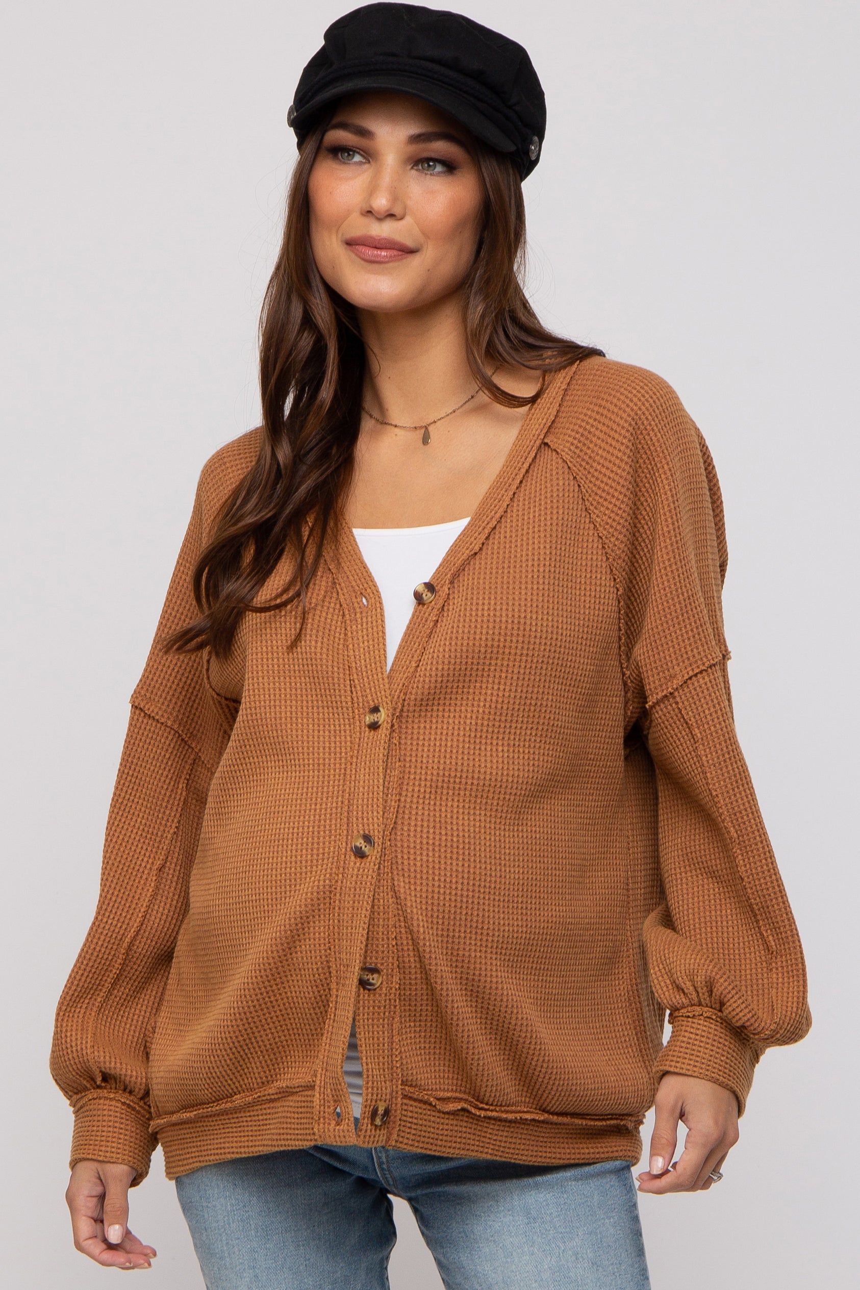 Camel Waffle Knit Button Long Sleeve Maternity Top sold by Pinkblush
