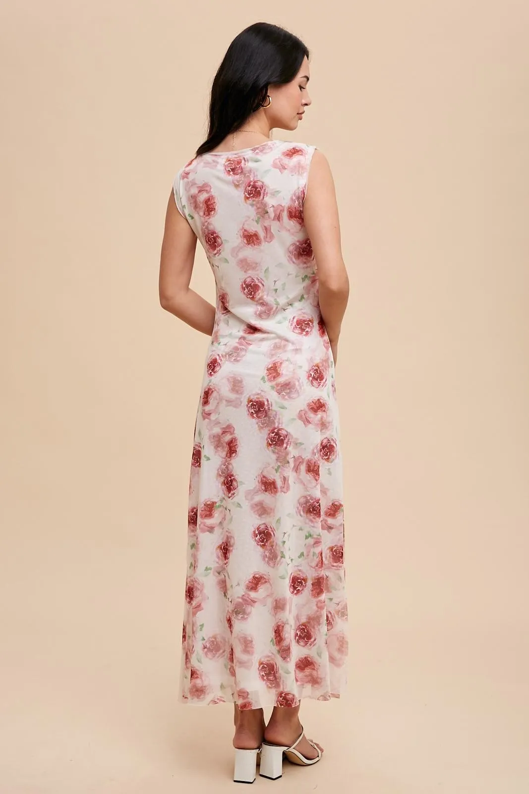 Cream Rose Print Ruched Mesh Dress sold by Pinkblush product image thumbnail 4