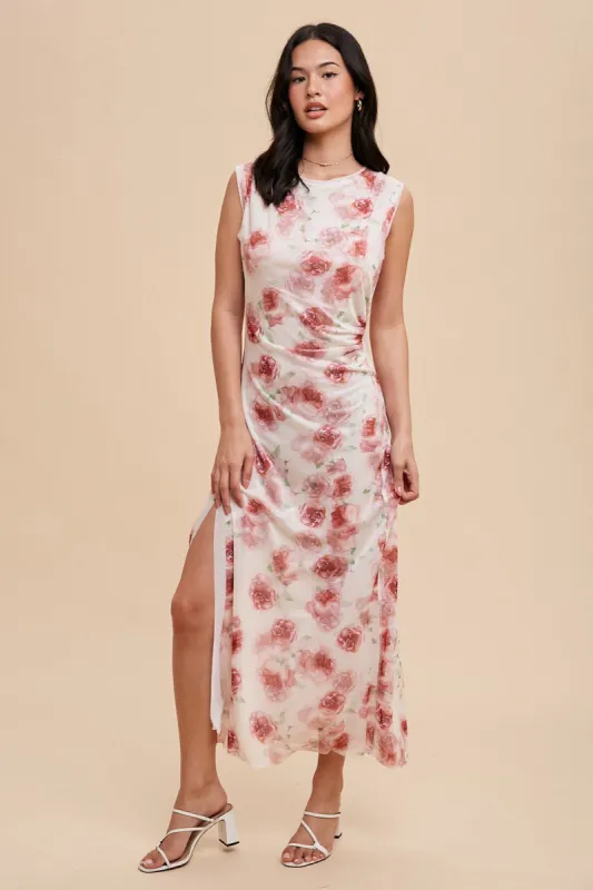 Cream Rose Print Ruched Mesh Dress sold by Pinkblush