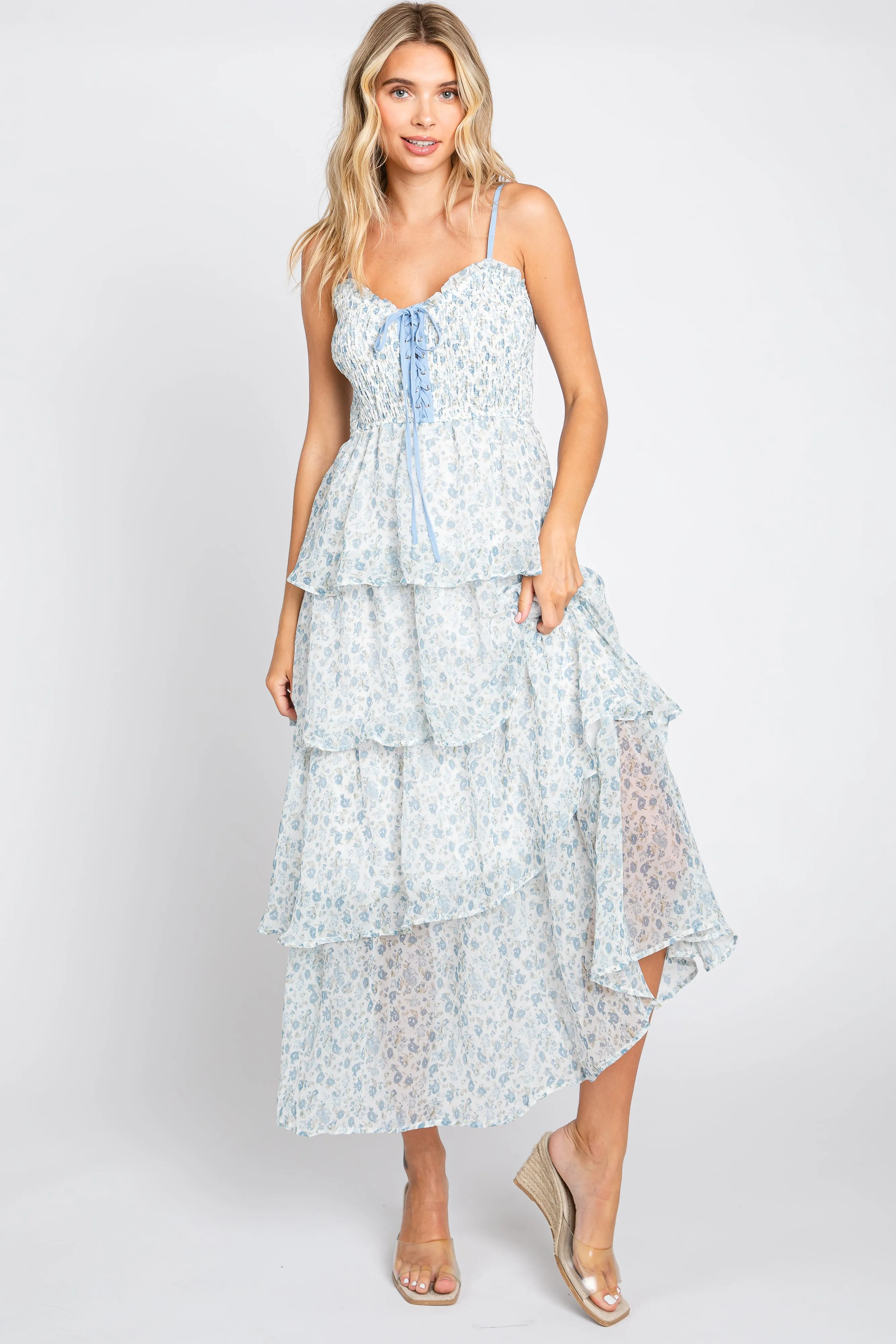 Light Blue Floral Sleeveless Tiered Maxi Dress sold by Pinkblush product image thumbnail 4