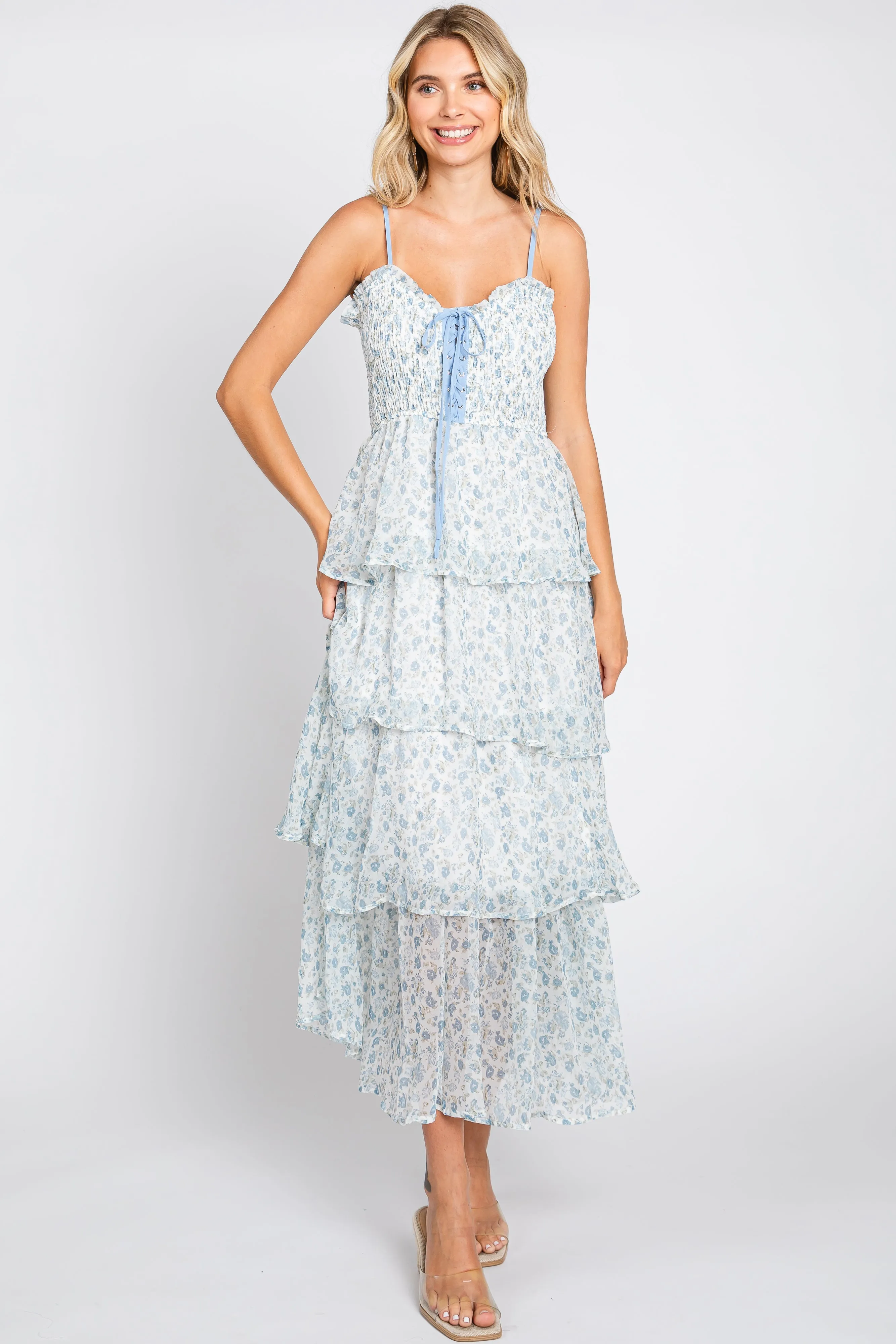 Light Blue Floral Sleeveless Tiered Maxi Dress sold by Pinkblush