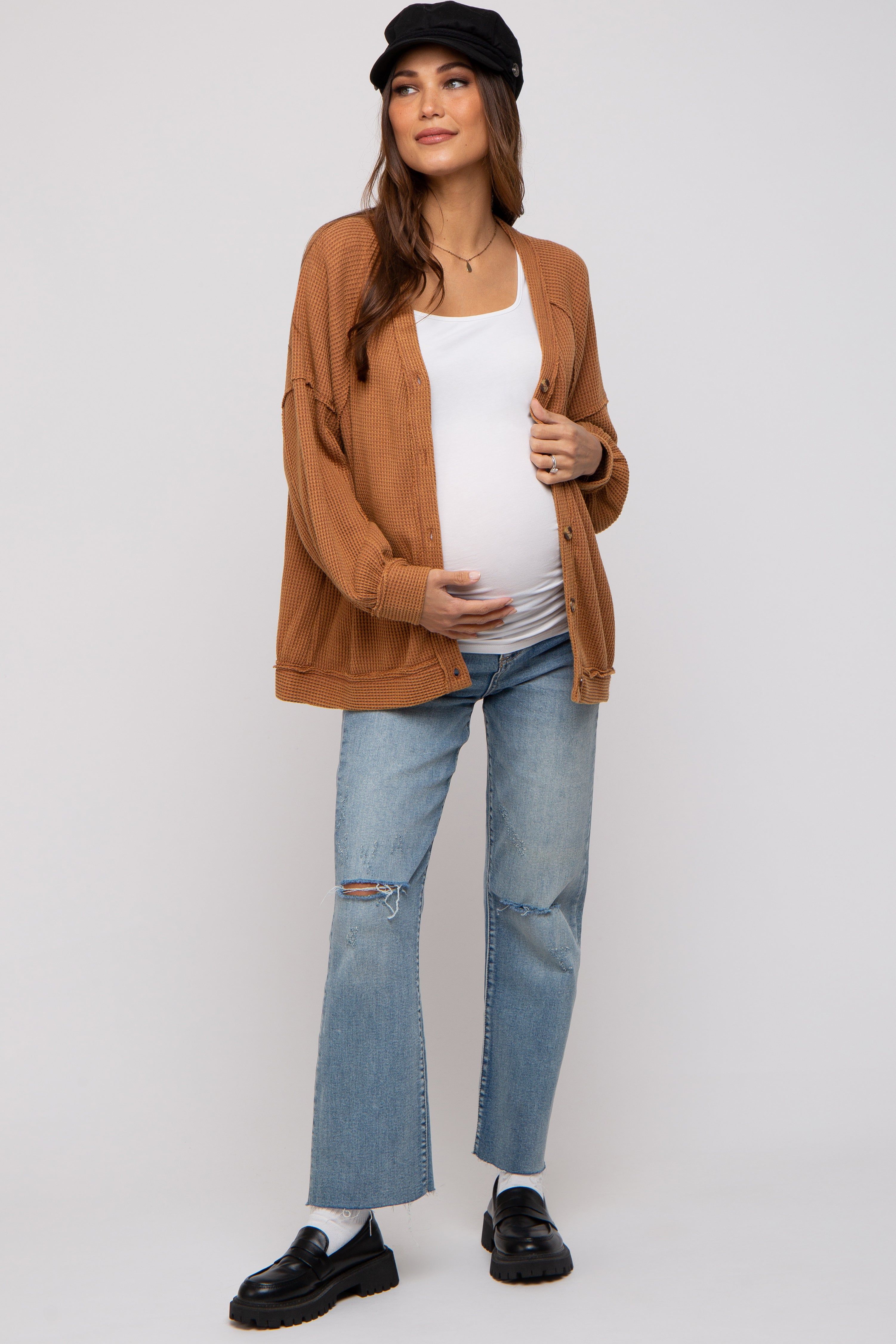 Camel Waffle Knit Button Long Sleeve Maternity Top sold by Pinkblush product image thumbnail 5
