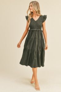 Black Smocked Flutter Sleeve Tiered Midi Dress sold by Pinkblush