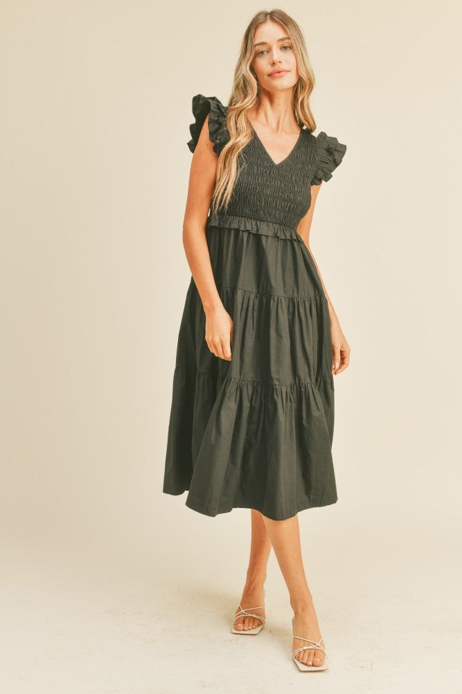 Black Smocked Flutter Sleeve Tiered Midi Dress sold by Pinkblush product image thumbnail 2