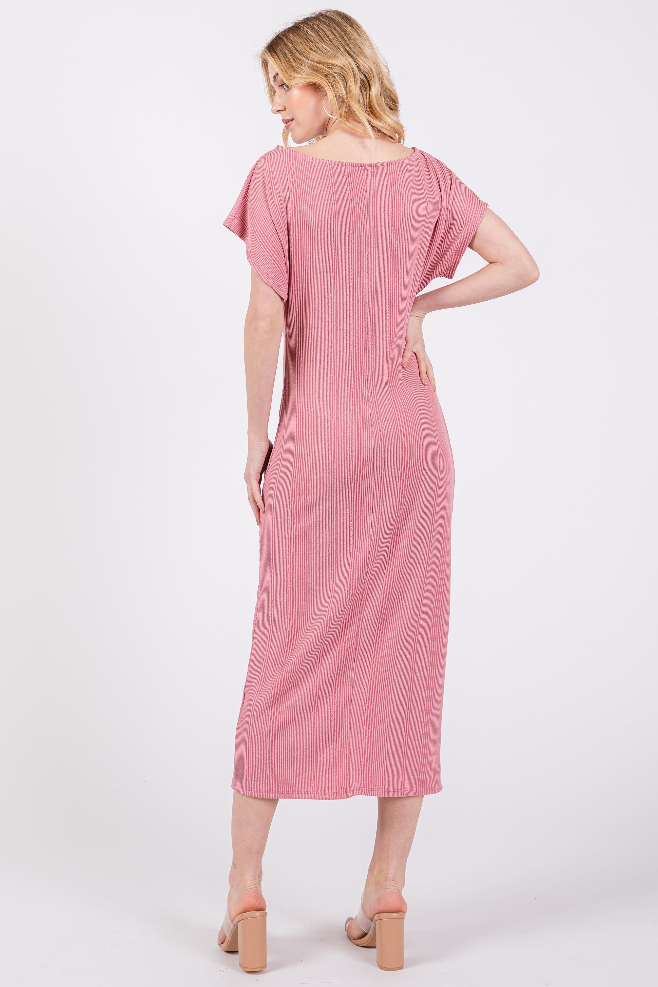 Mauve Ribbed Short Sleeve Gathered Midi Dress sold by Pinkblush product image thumbnail 3