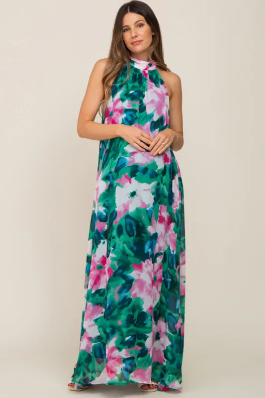 Green Multi-Color Halter Maternity Maxi Dress sold by Pinkblush
