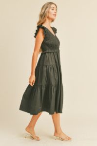 Black Smocked Flutter Sleeve Tiered Midi Dress sold by Pinkblush
