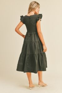 Black Smocked Flutter Sleeve Tiered Midi Dress sold by Pinkblush