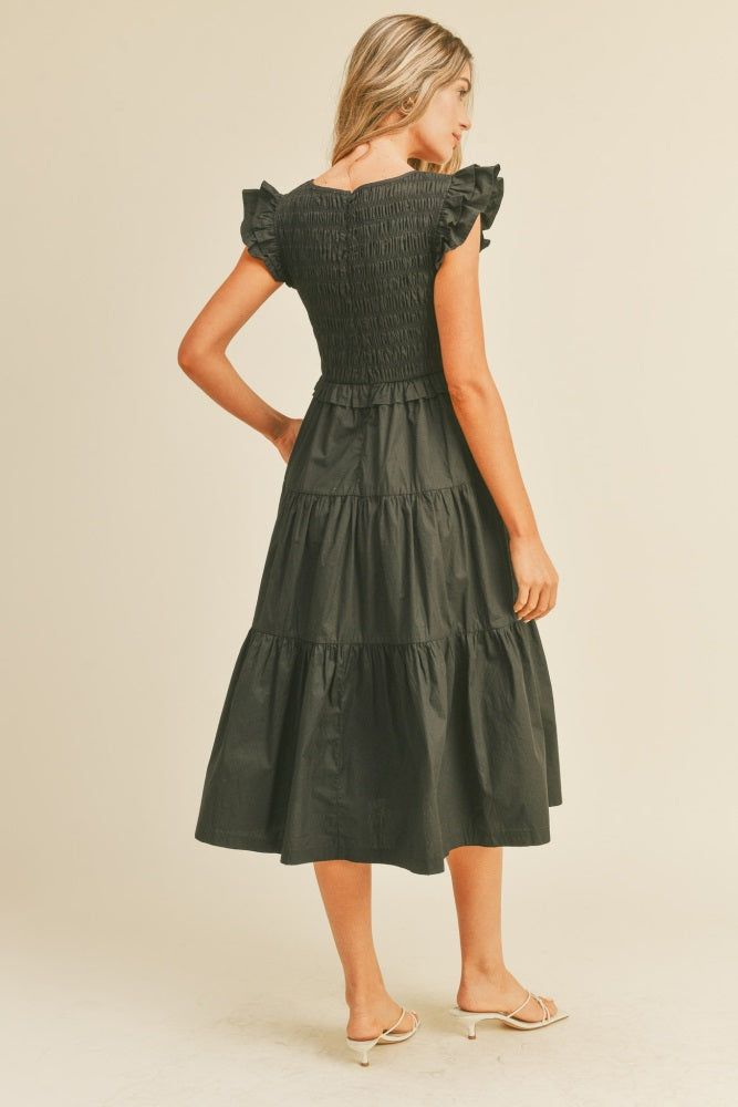 Black Smocked Flutter Sleeve Tiered Midi Dress sold by Pinkblush product image thumbnail 4