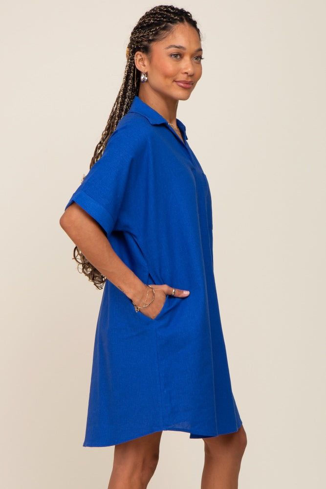 Royal Blue Linen Collared Front Pocket Short Sleeve Dress sold by Pinkblush product image thumbnail 3