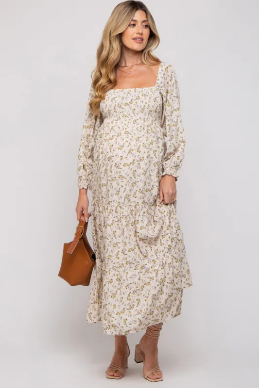 Cream Floral Smocked Long Sleeve Maternity Maxi Dress sold by Pinkblush