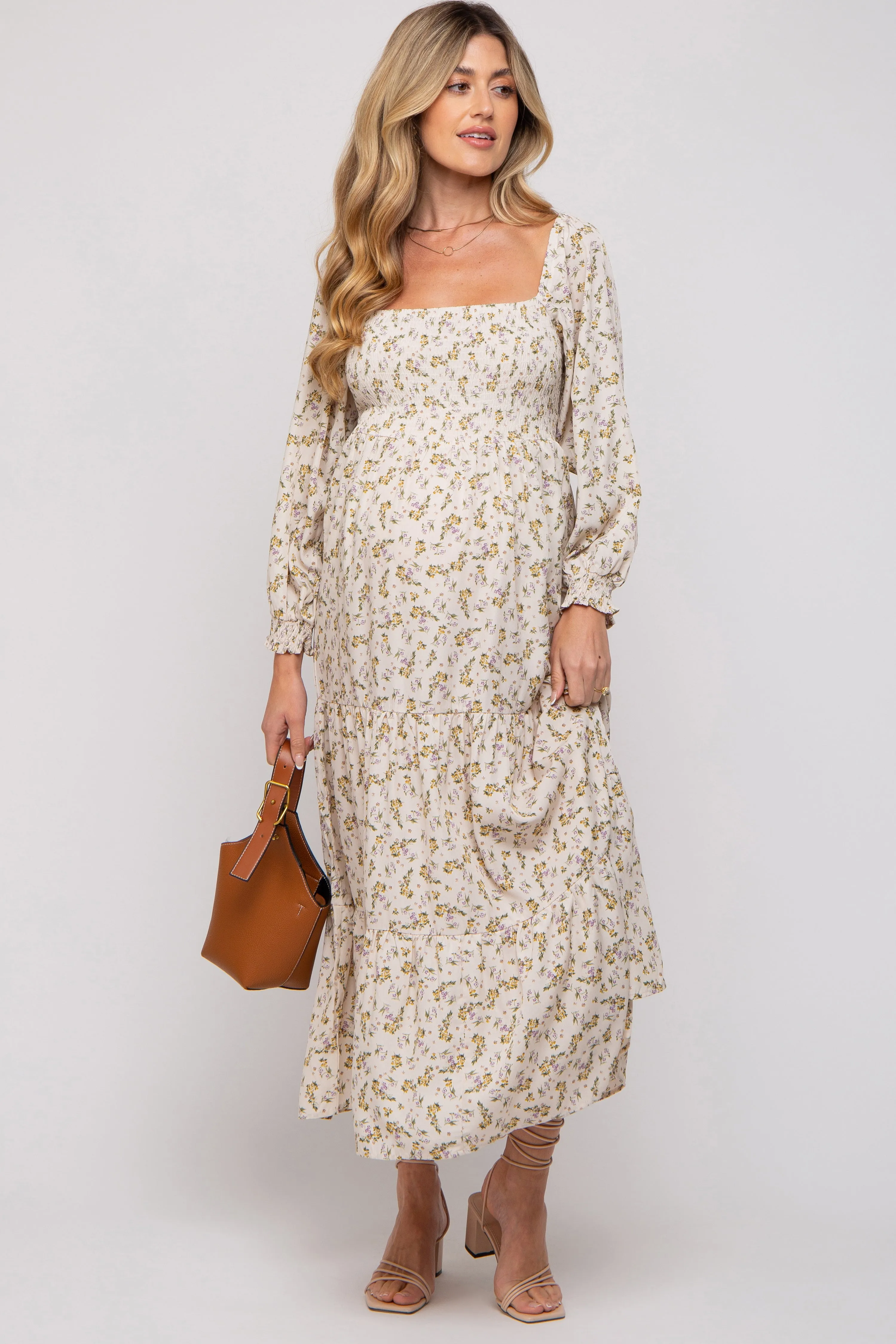 Cream Floral Smocked Long Sleeve Maternity Maxi Dress sold by Pinkblush