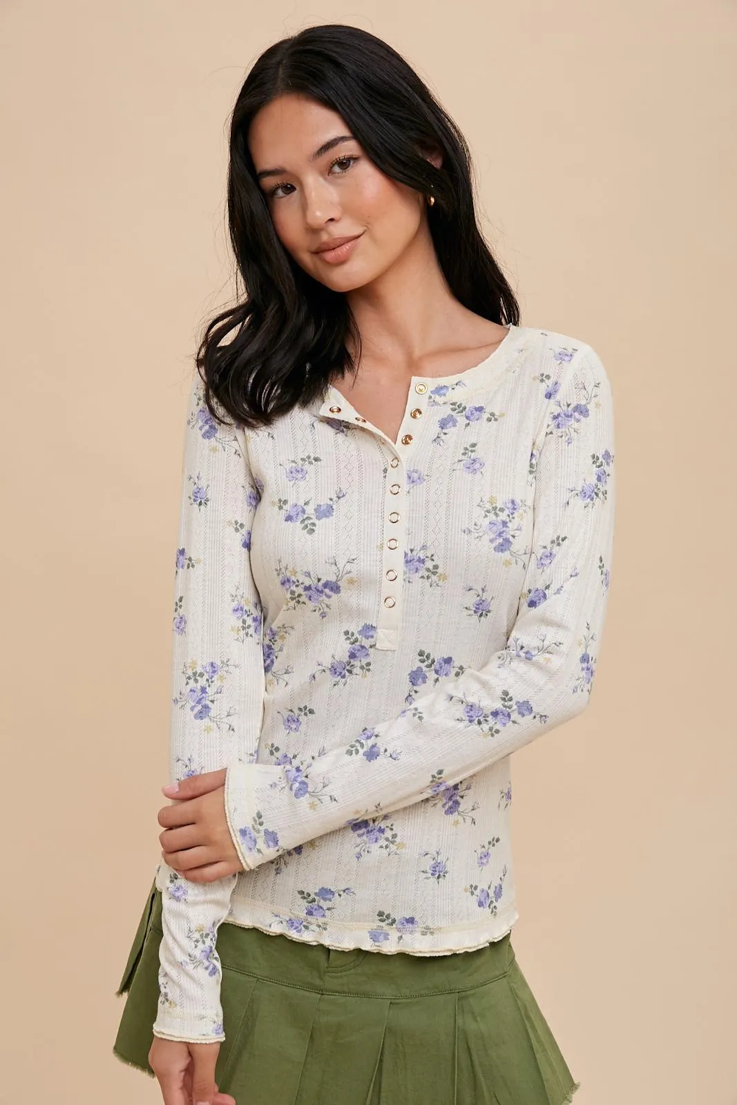Light Blue Floral Long Sleeve Henley Top sold by Pinkblush