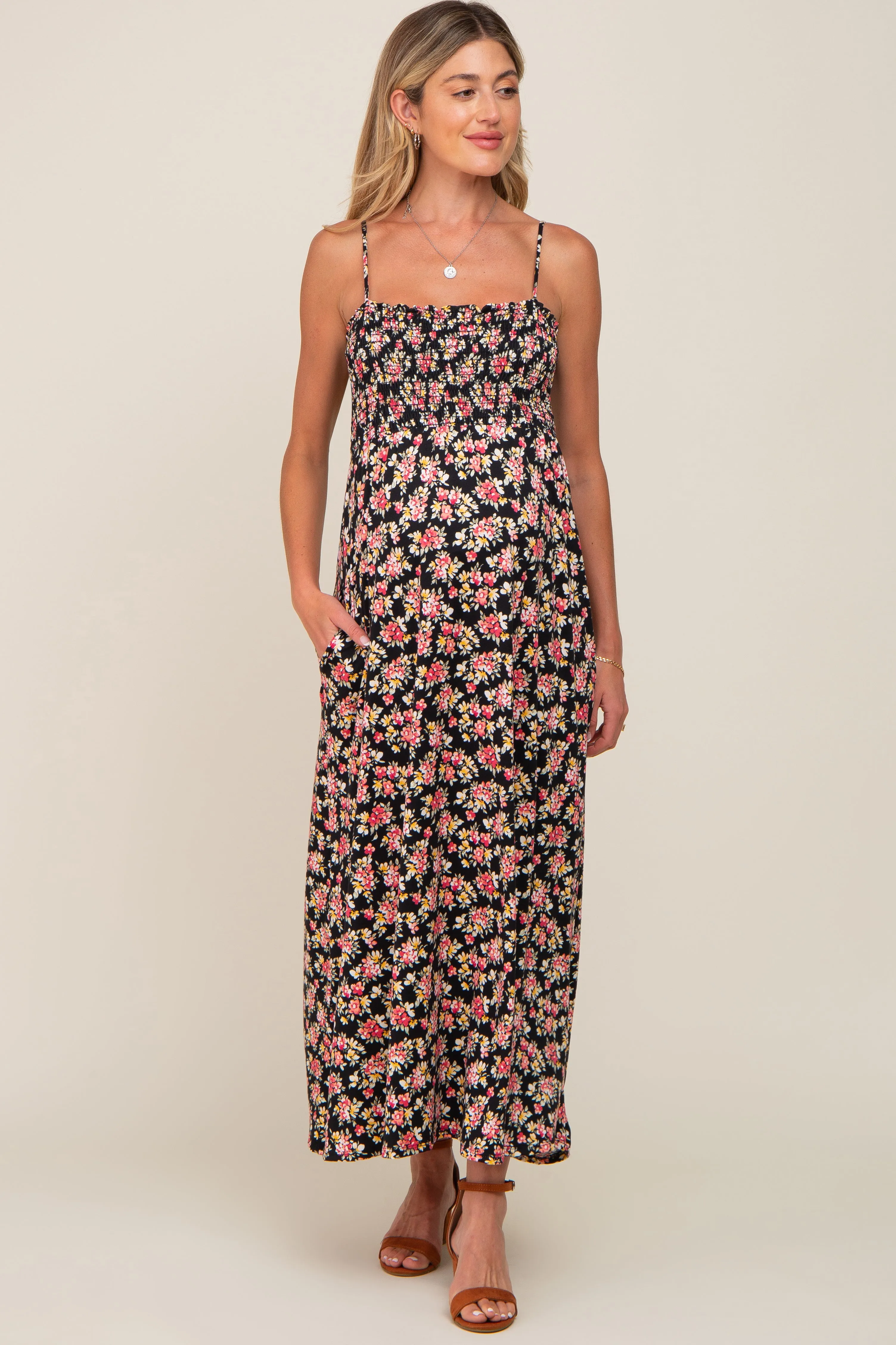 Black Square Neck Smocked Maternity Midi Dress sold by Pinkblush product image thumbnail 4