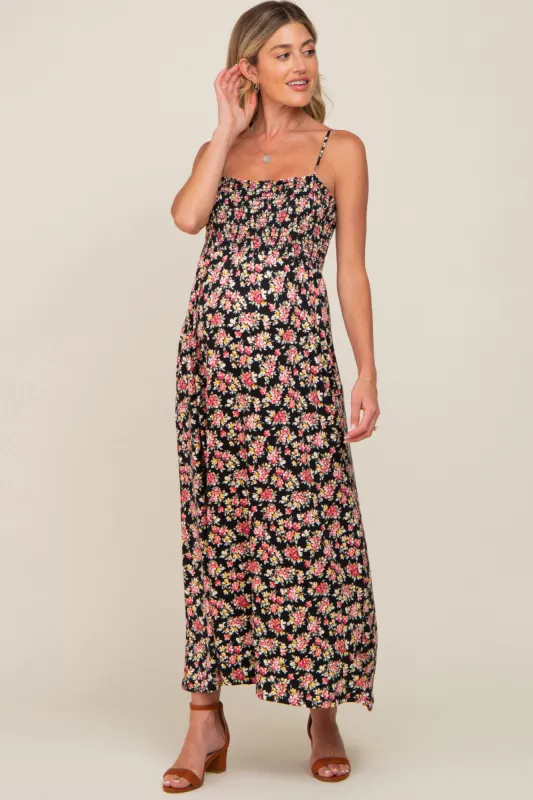 Black Square Neck Smocked Maternity Midi Dress sold by Pinkblush