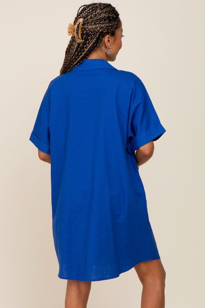 Royal Blue Linen Collared Front Pocket Short Sleeve Dress sold by Pinkblush product image thumbnail 4