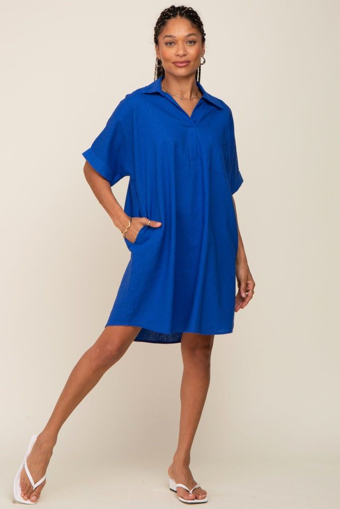 Royal Blue Linen Collared Front Pocket Short Sleeve Dress sold by Pinkblush