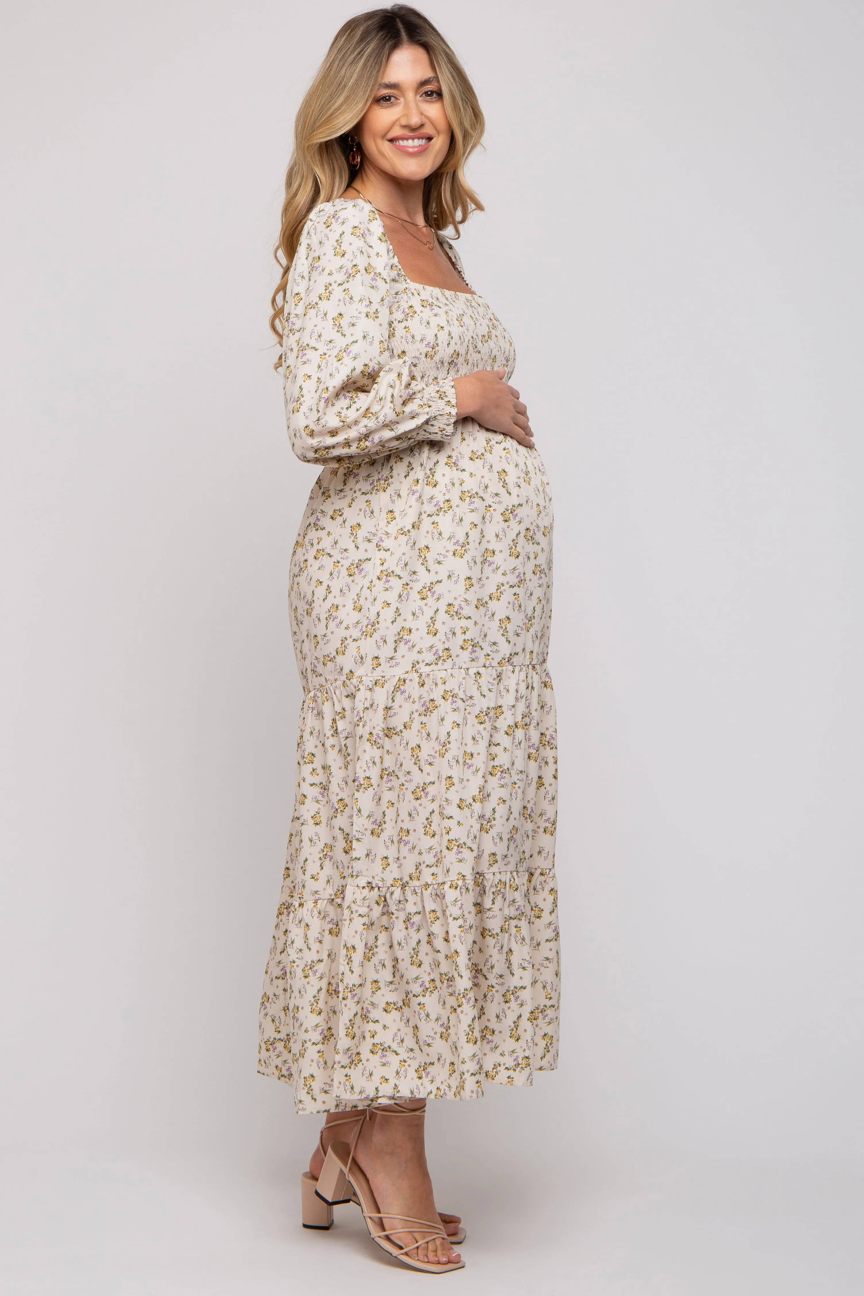 Cream Floral Smocked Long Sleeve Maternity Maxi Dress sold by Pinkblush product image thumbnail 2