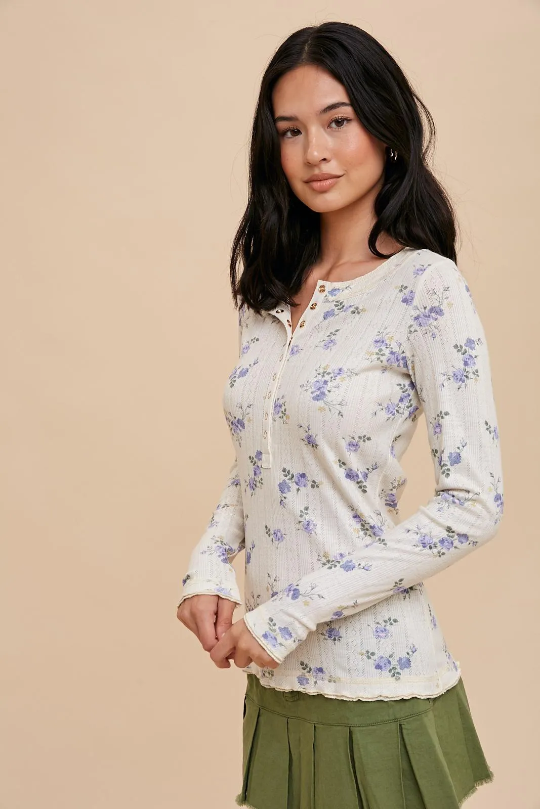 Light Blue Floral Long Sleeve Henley Top sold by Pinkblush product image thumbnail 2