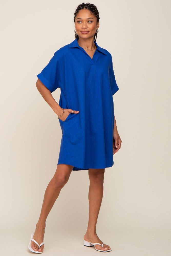 Royal Blue Linen Collared Front Pocket Short Sleeve Dress sold by Pinkblush product image thumbnail 5