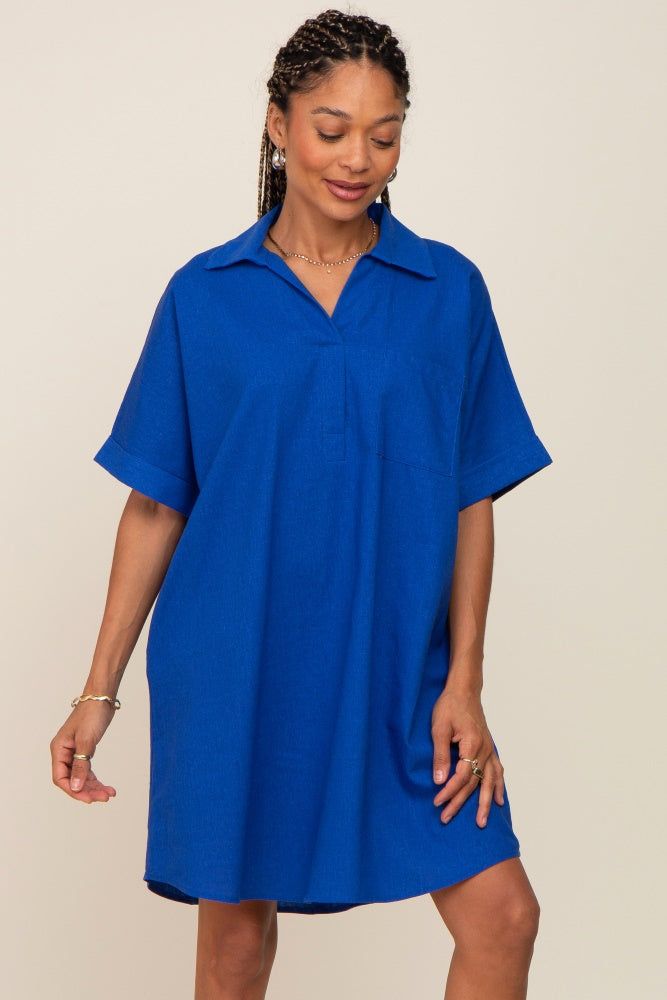 Royal Blue Linen Collared Front Pocket Short Sleeve Dress sold by Pinkblush product image thumbnail 2