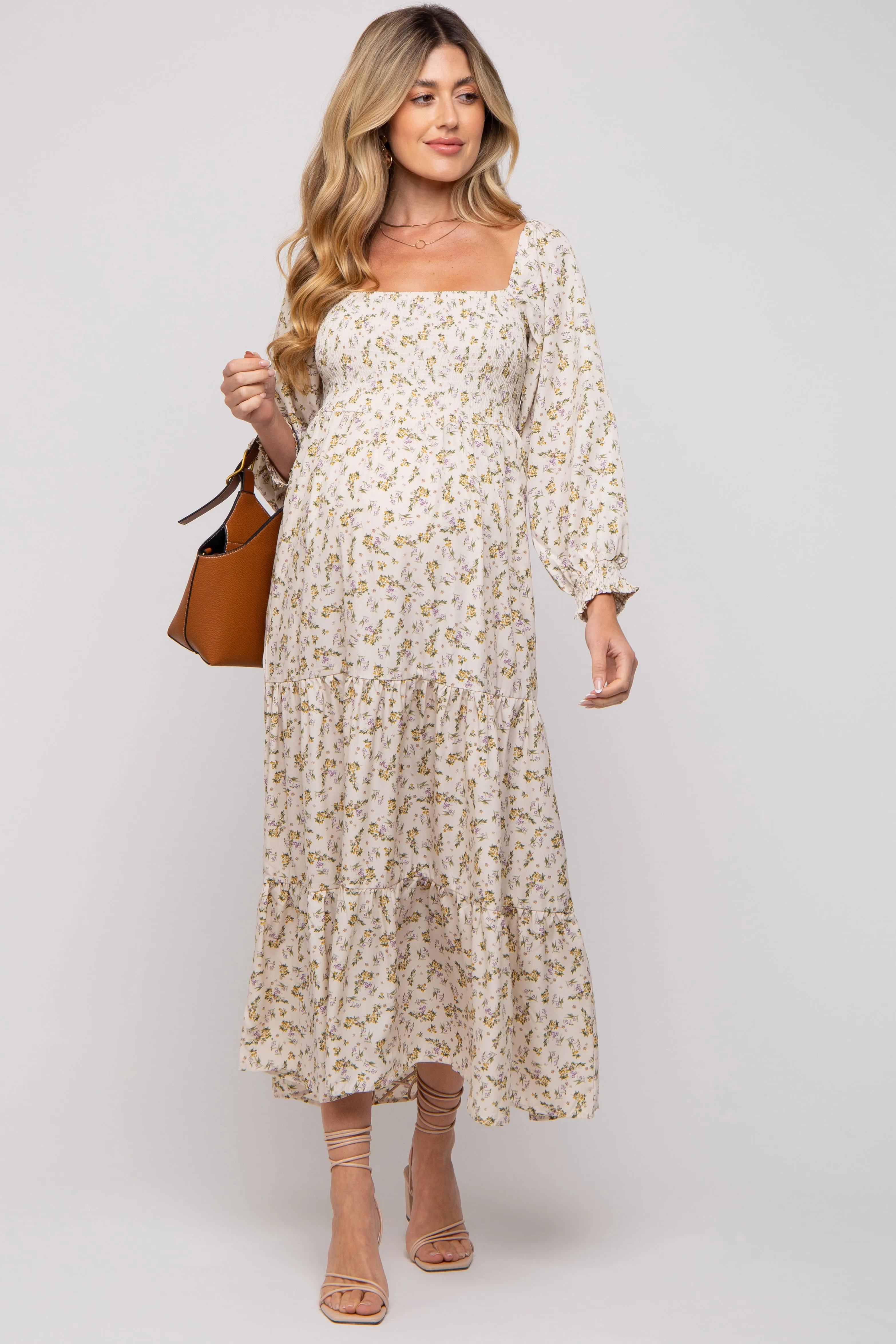 Cream Floral Smocked Long Sleeve Maternity Maxi Dress sold by Pinkblush product image thumbnail 5