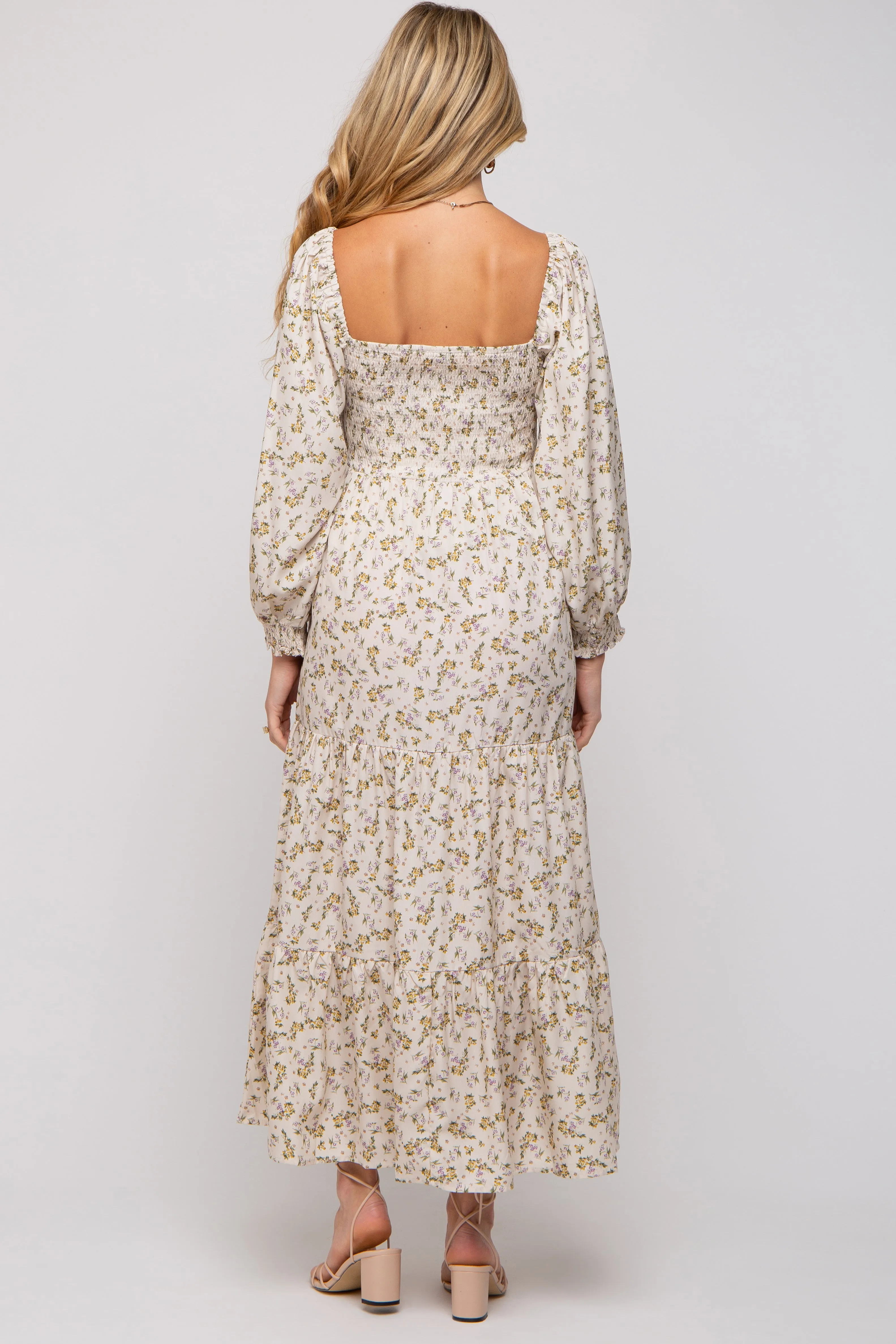 Cream Floral Smocked Long Sleeve Maternity Maxi Dress sold by Pinkblush product image thumbnail 3