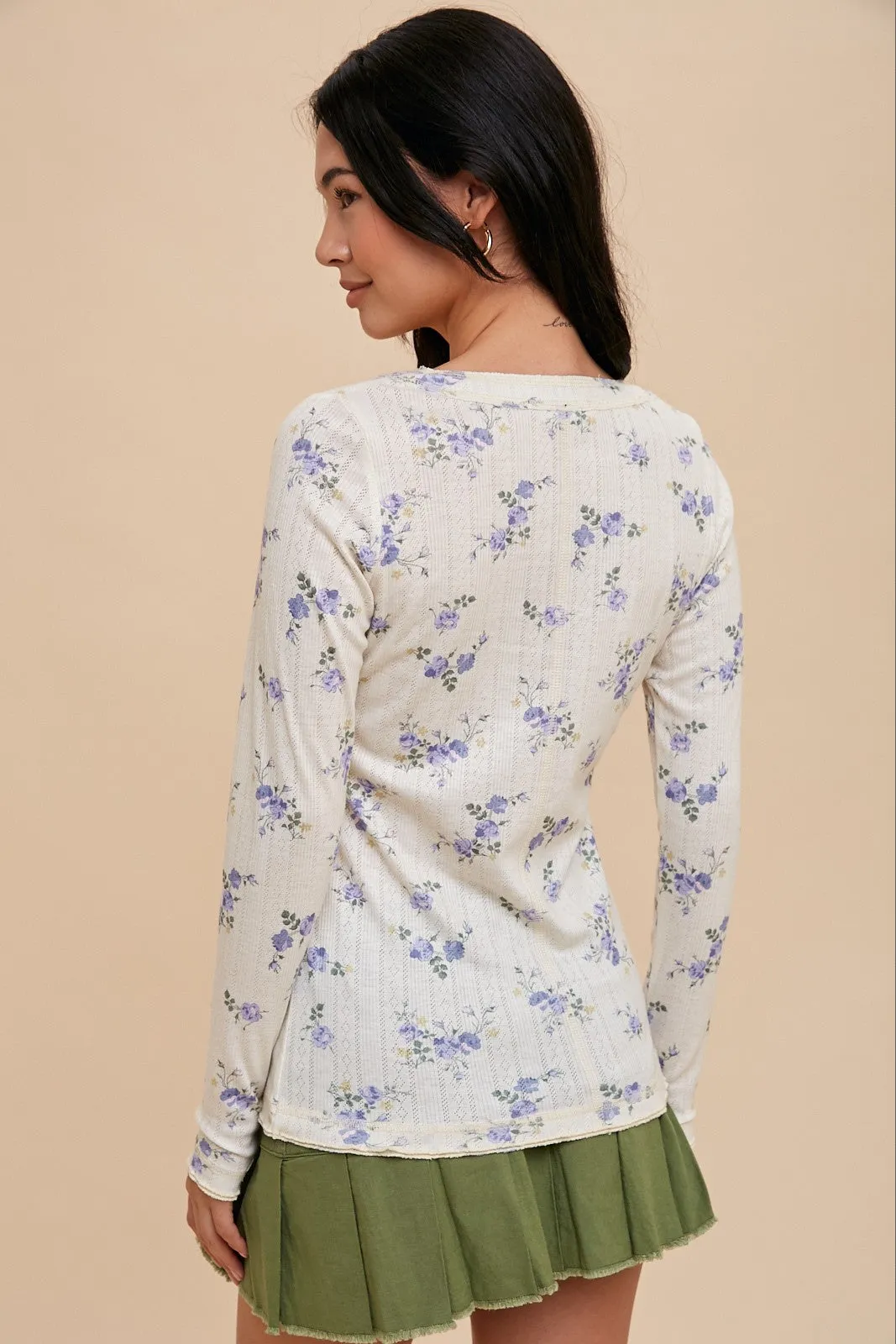 Light Blue Floral Long Sleeve Henley Top sold by Pinkblush product image thumbnail 3
