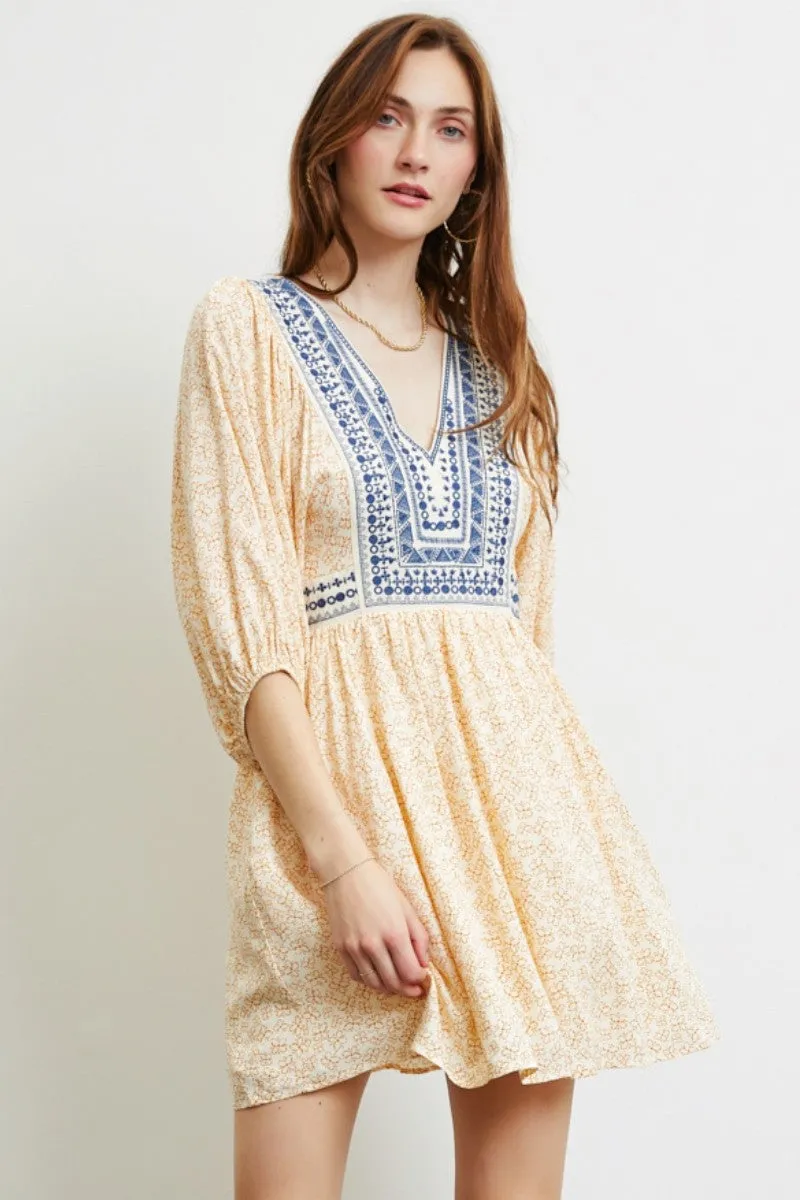 Peach Flattering Dress In Floral Print With Embroidery sold by Pinkblush