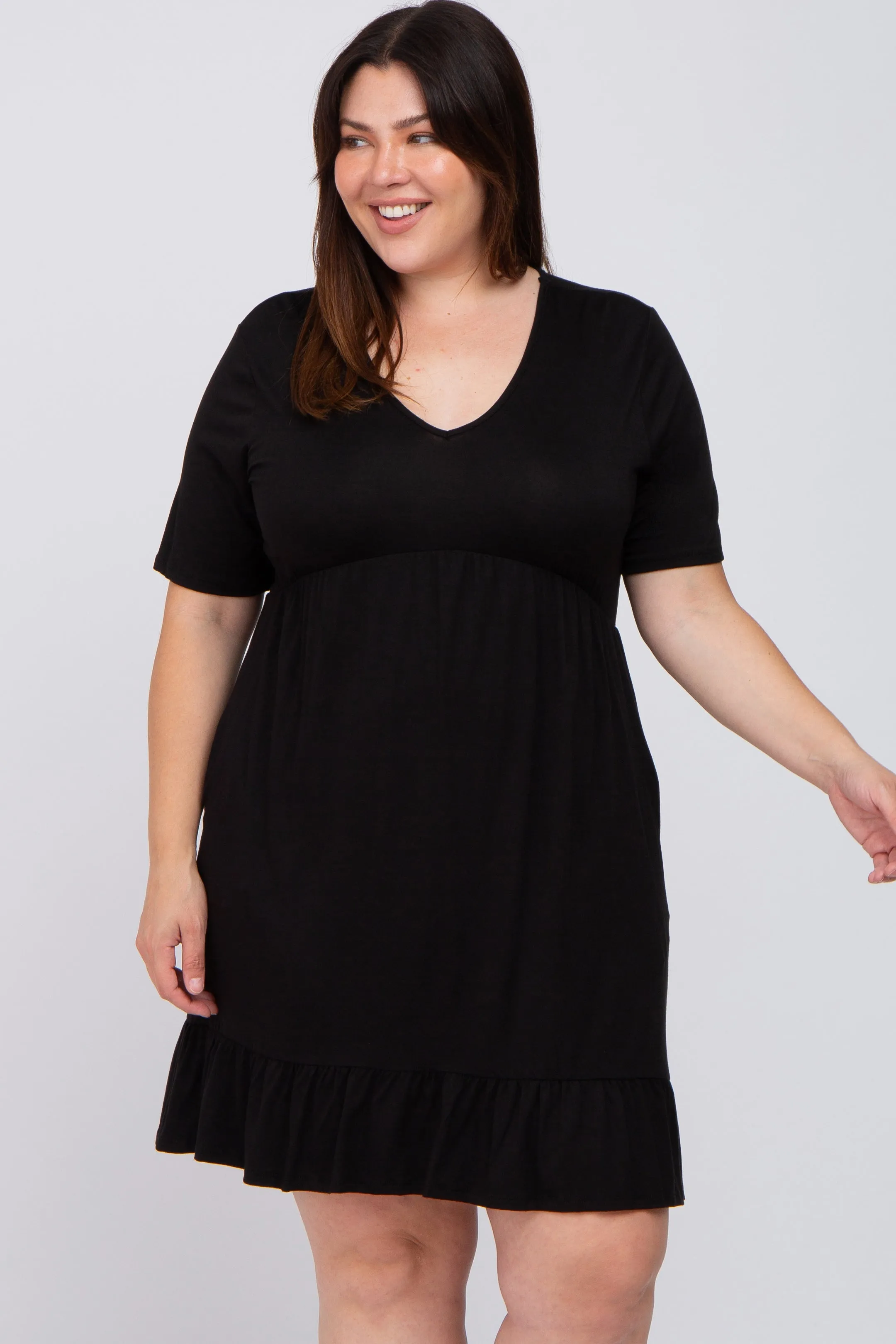 Black V-Neck Ruffle Hem Dress sold by Pinkblush