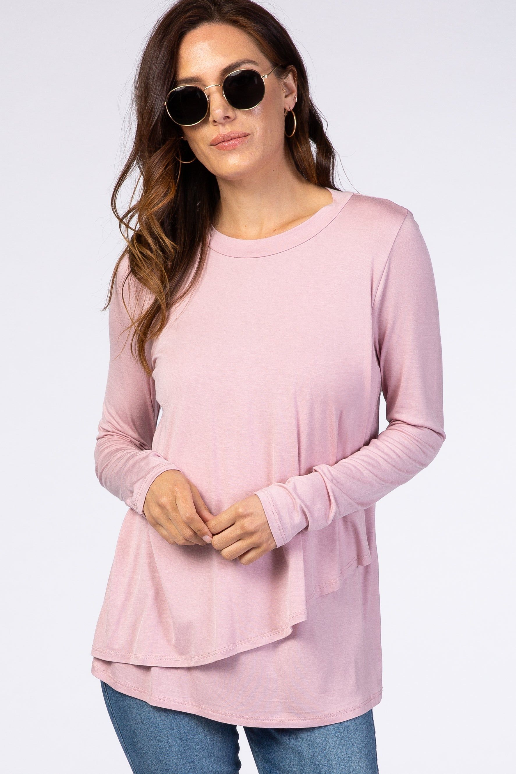 PinkBlush Pink Solid Layered Front Long Sleeve Nursing Top sold by Pinkblush product image thumbnail 2