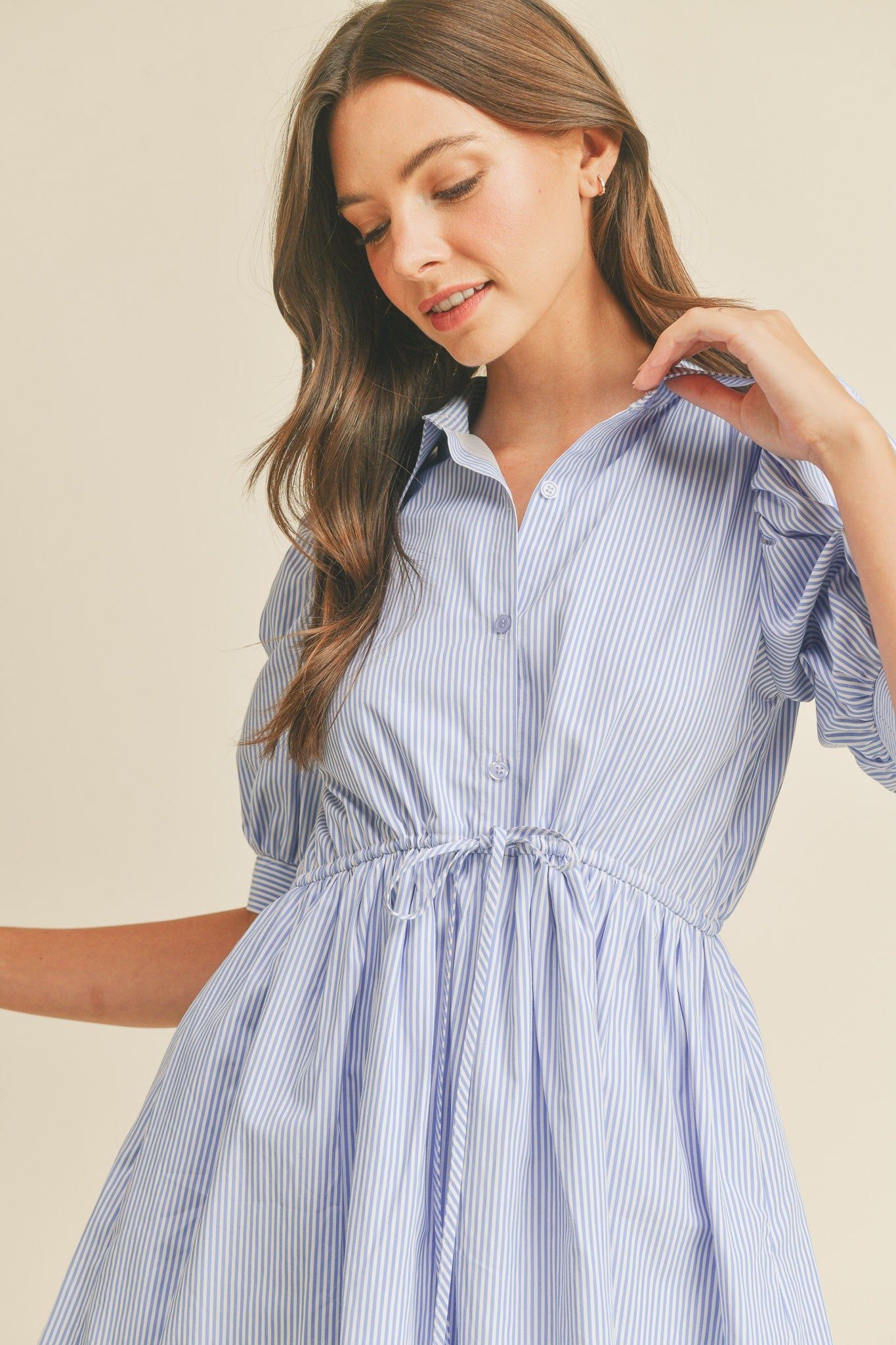 Blue Pin Stripe Button Down Mini Dress sold by Pinkblush product image thumbnail 4