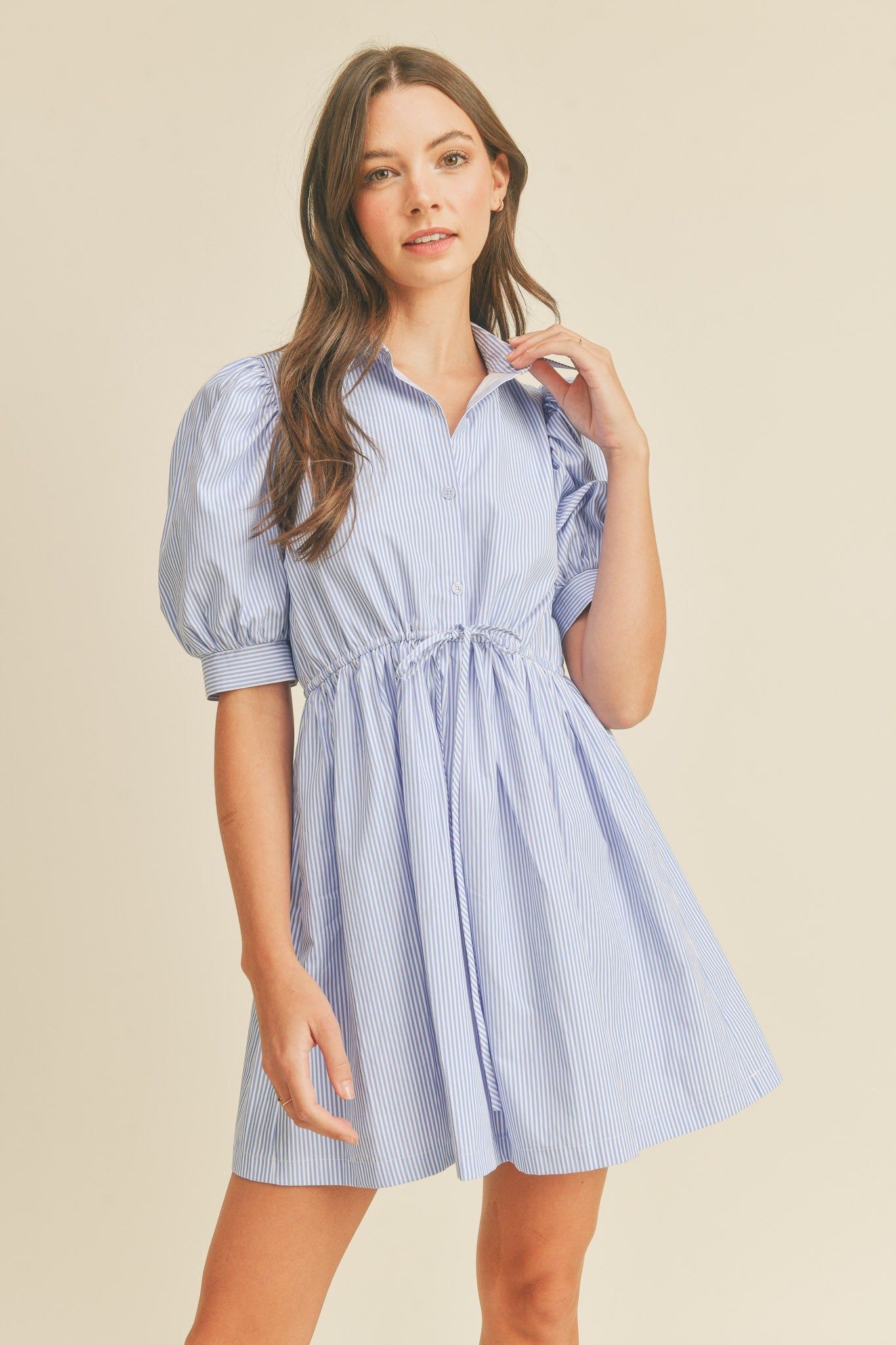 Blue Pin Stripe Button Down Mini Dress sold by Pinkblush