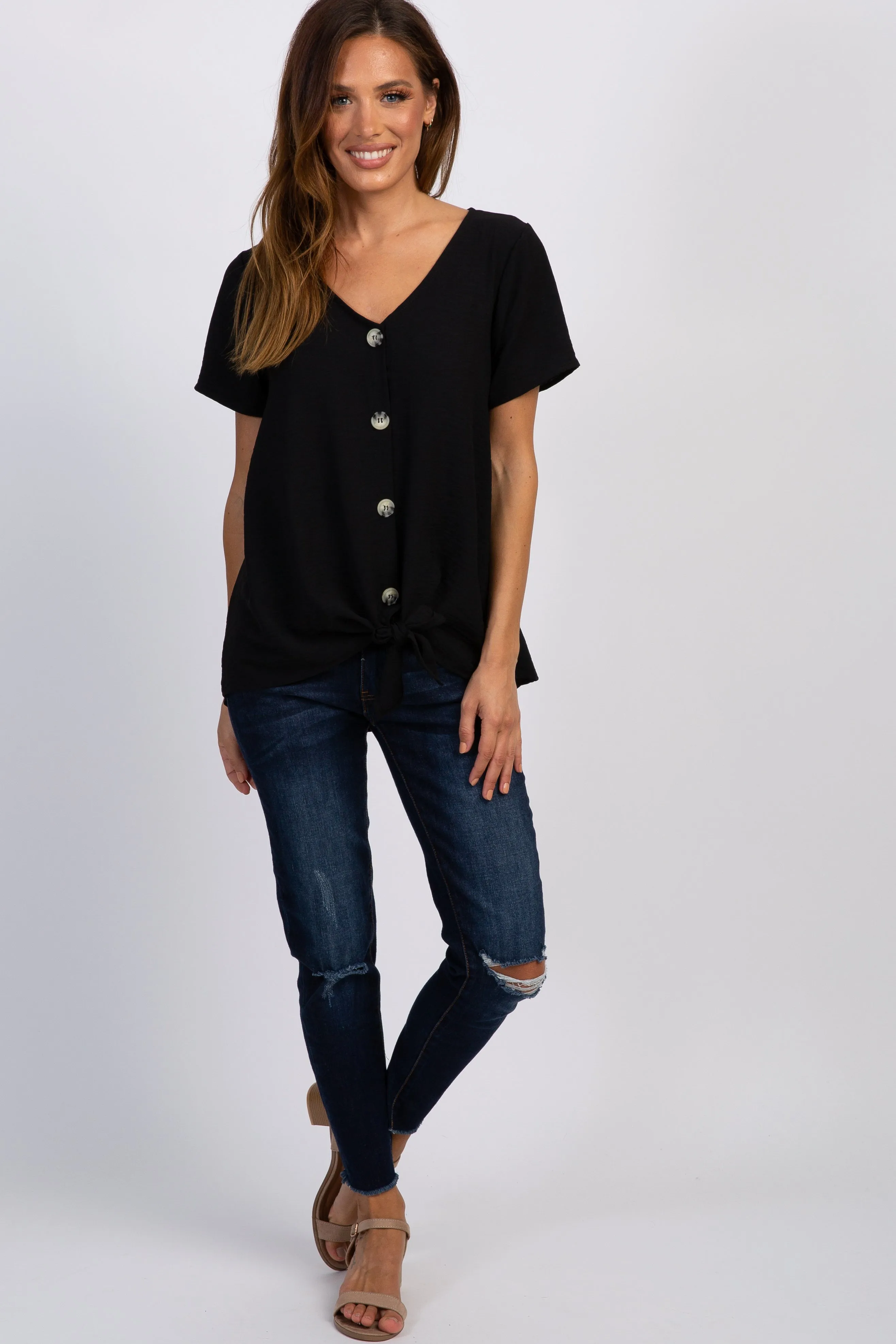 Black Button Tie Front Top sold by Pinkblush product image thumbnail 4
