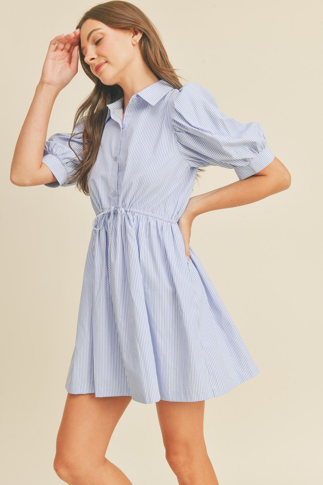 Blue Pin Stripe Button Down Mini Dress sold by Pinkblush product image thumbnail 2
