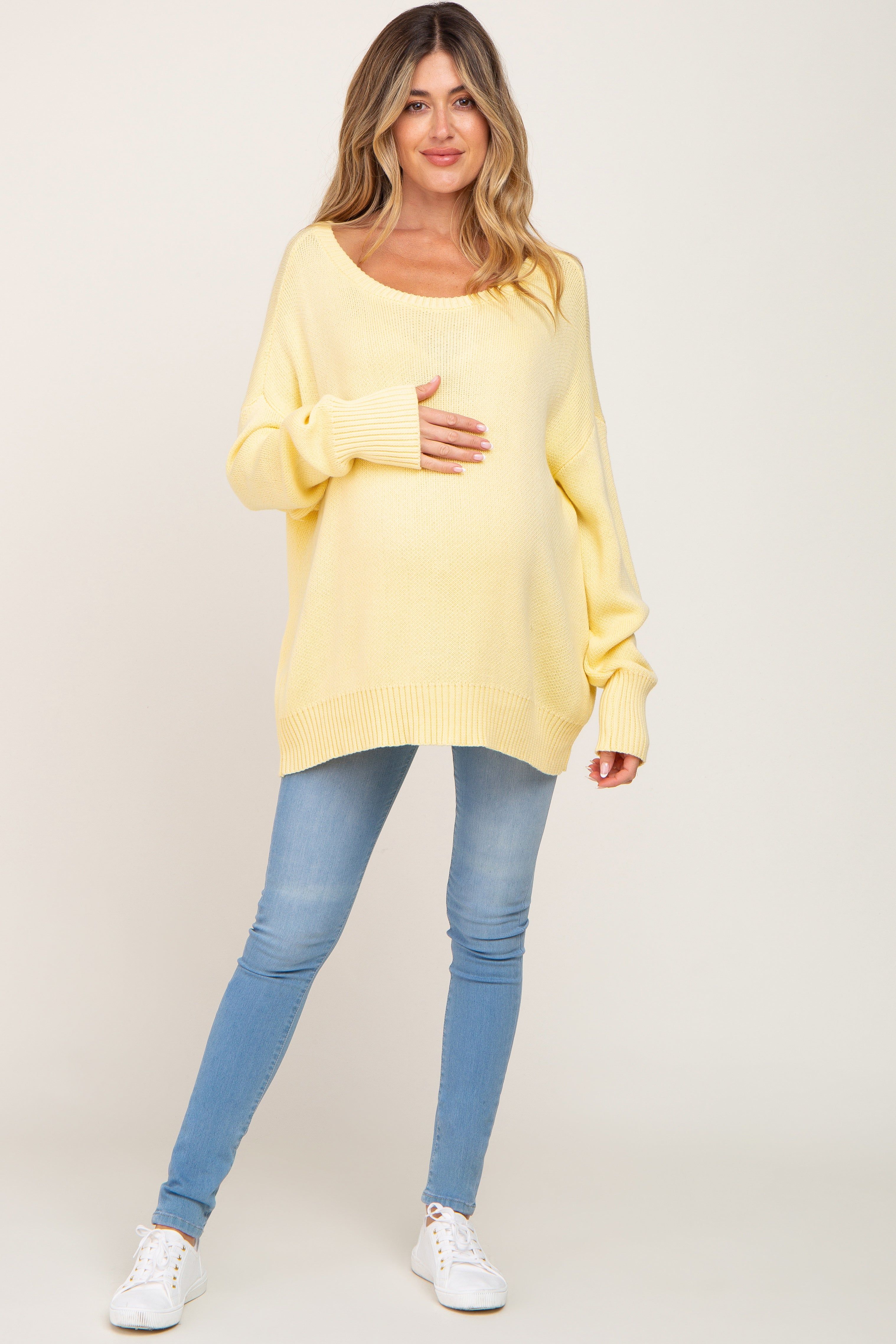 Yellow Ribbed Trim Maternity Sweater sold by Pinkblush