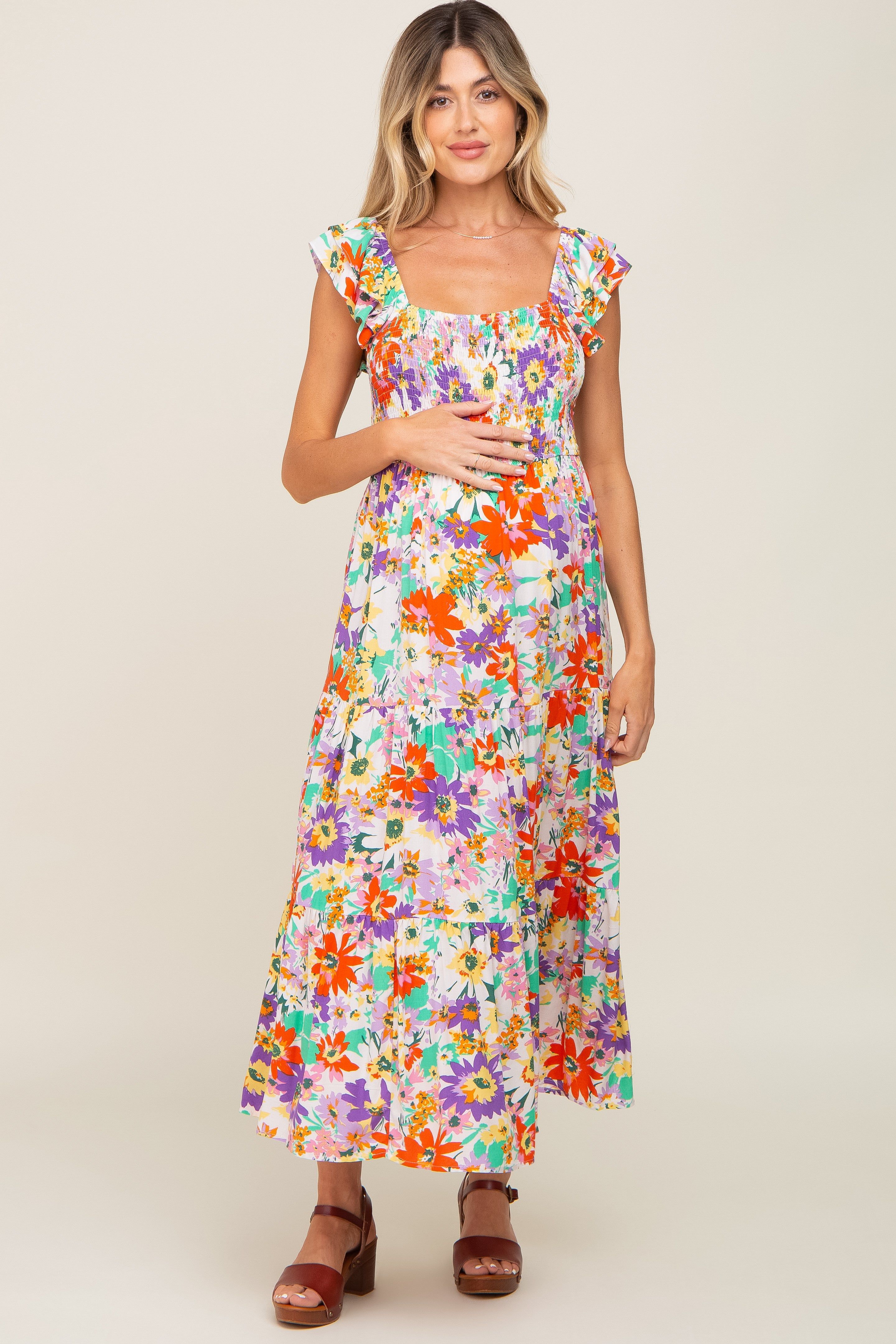 Ivory Floral Ruffle Strap Smocked Maternity Midi Dress sold by Pinkblush product image thumbnail 4