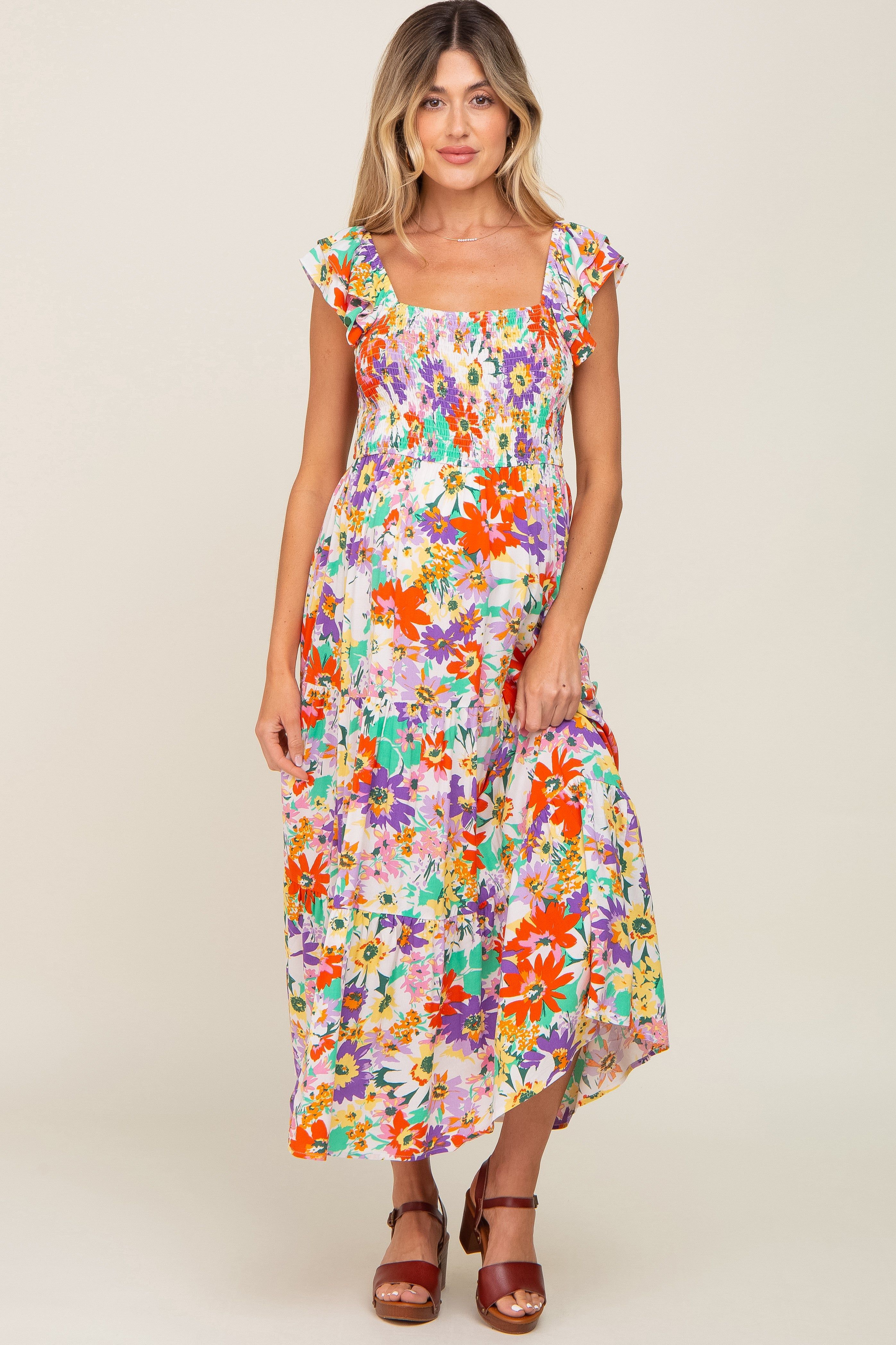 Ivory Floral Ruffle Strap Smocked Maternity Midi Dress sold by Pinkblush