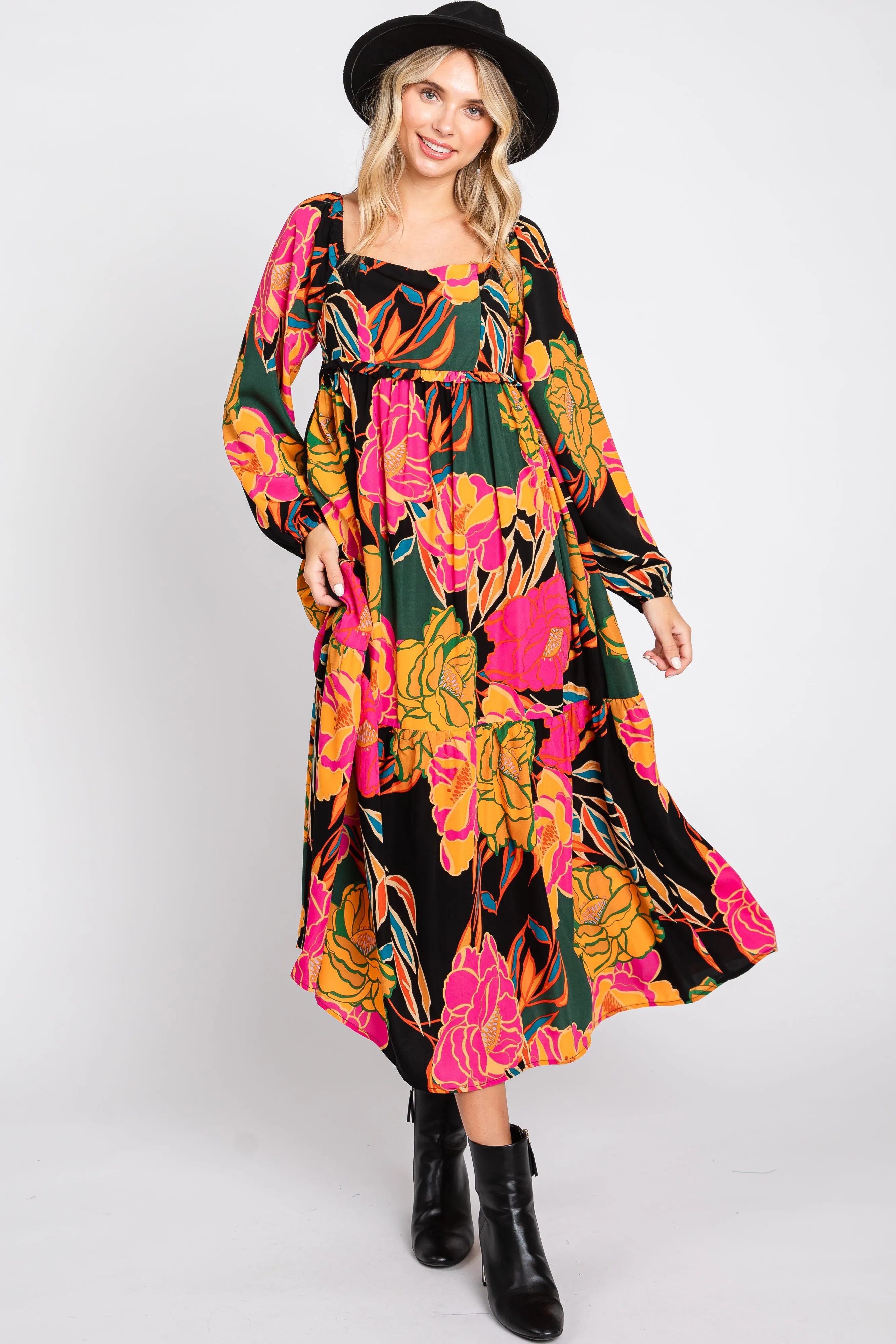 Black Floral Long Sleeve Midi Dress sold by Pinkblush product image thumbnail 5