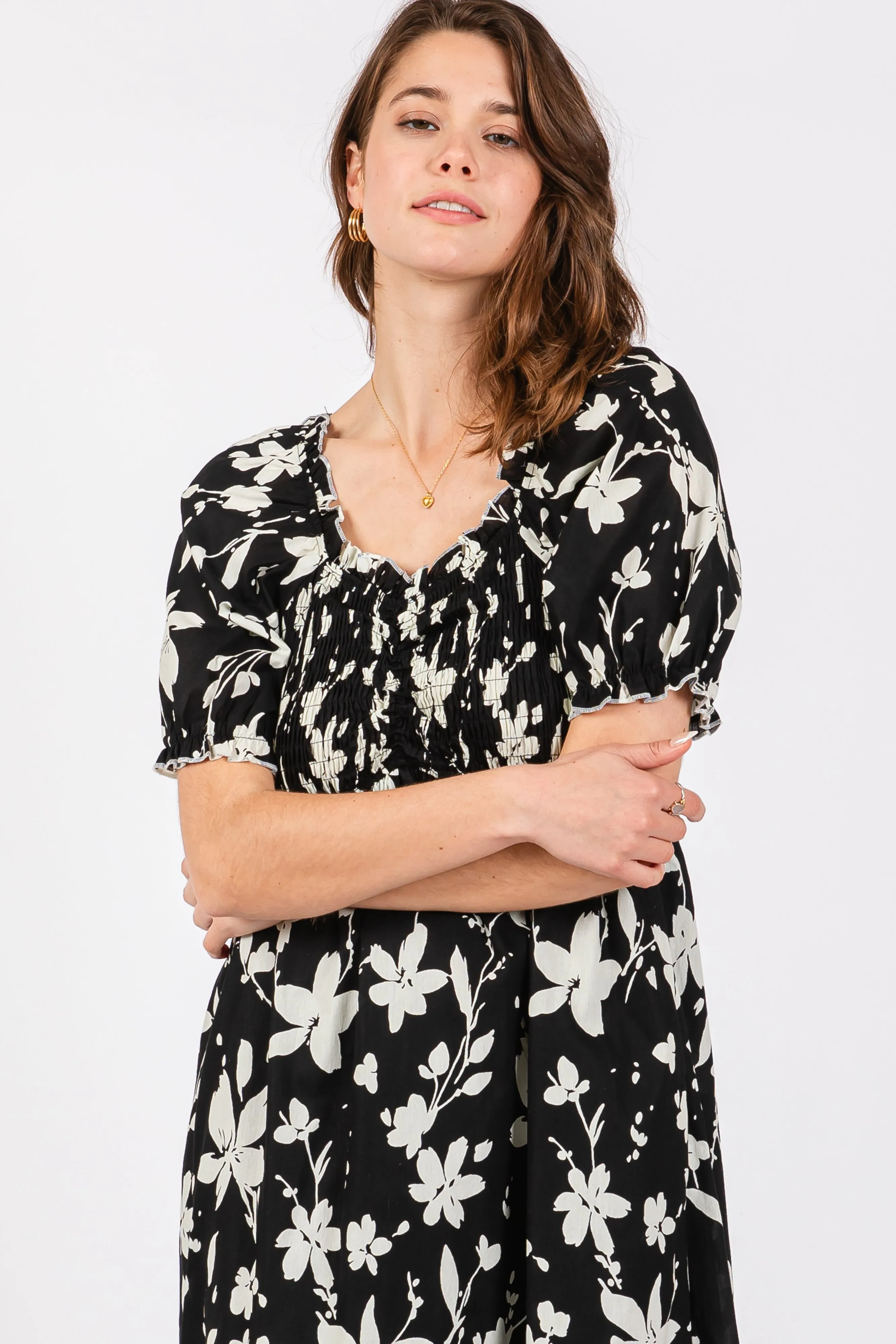 Black Floral Puff Sleeve Midi Dress sold by Pinkblush product image thumbnail 4