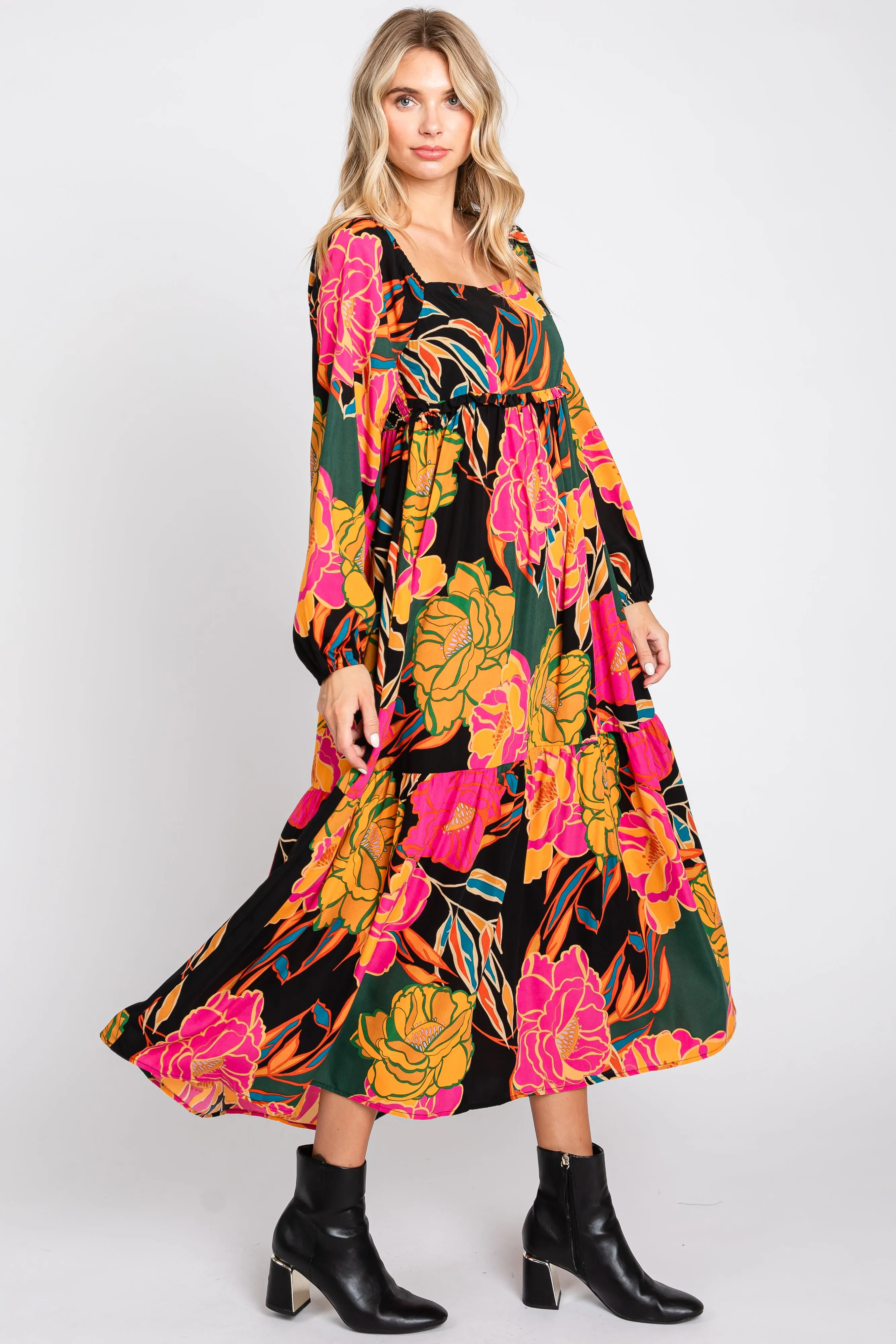 Black Floral Long Sleeve Midi Dress sold by Pinkblush product image thumbnail 2