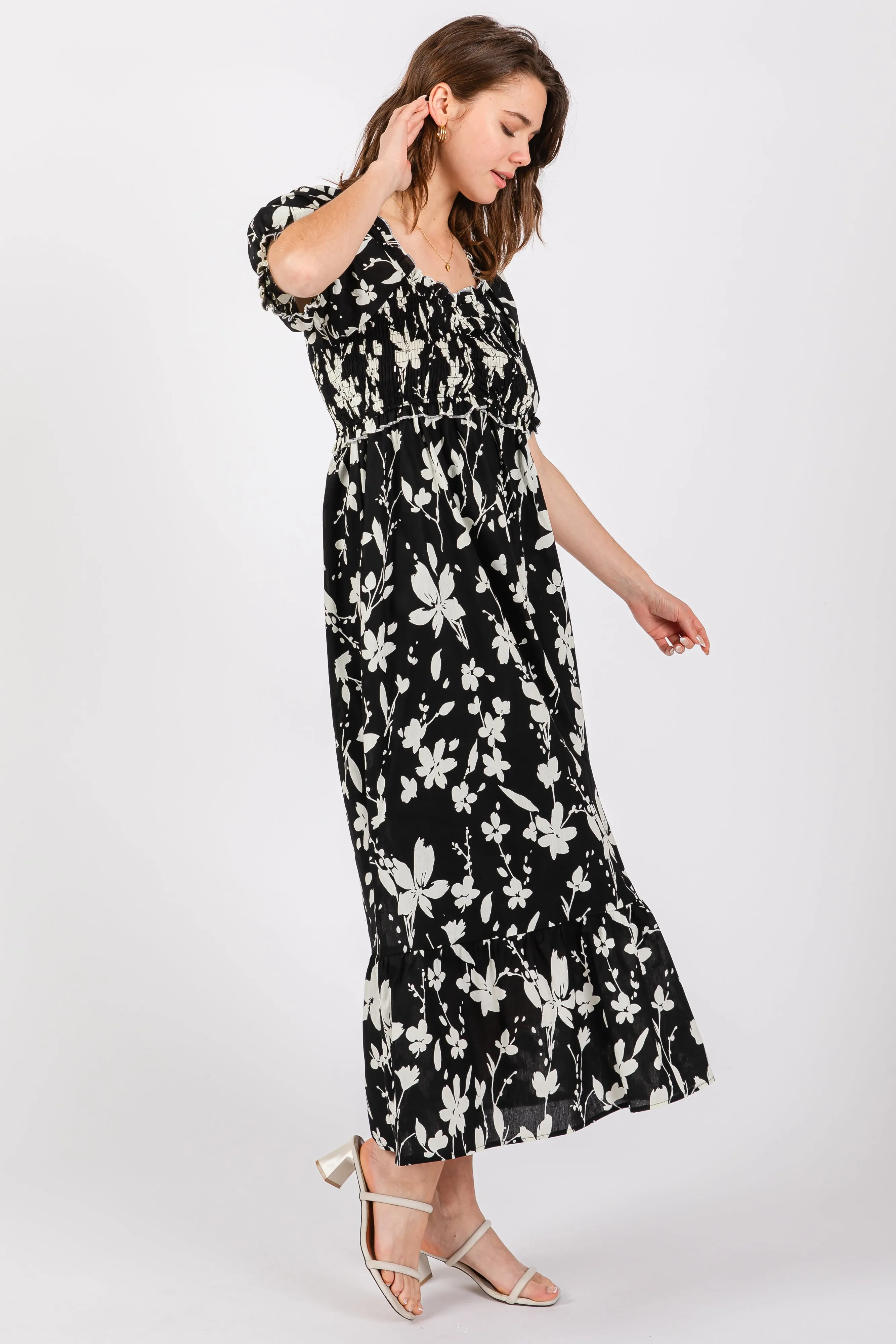 Black Floral Puff Sleeve Midi Dress sold by Pinkblush product image thumbnail 2