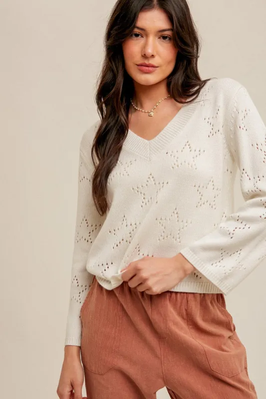 Ecru Star Detail Long Sleeve Ribbed Knit Sweater sold by Pinkblush