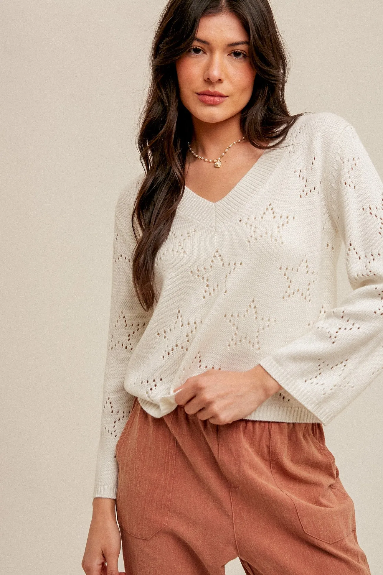 Cozy Camel Round Neck Long Sleeve Star Jacquard Knit Sweater