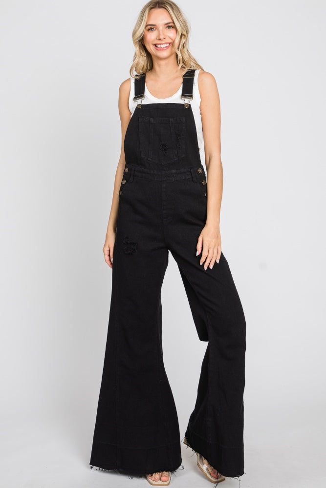 Black Denim Distressed Wide Leg Overalls sold by Pinkblush